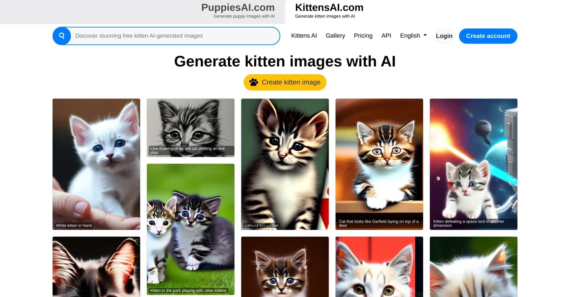 KittensAI homepage screenshot — Create AI-generated kitten images effortlessly
