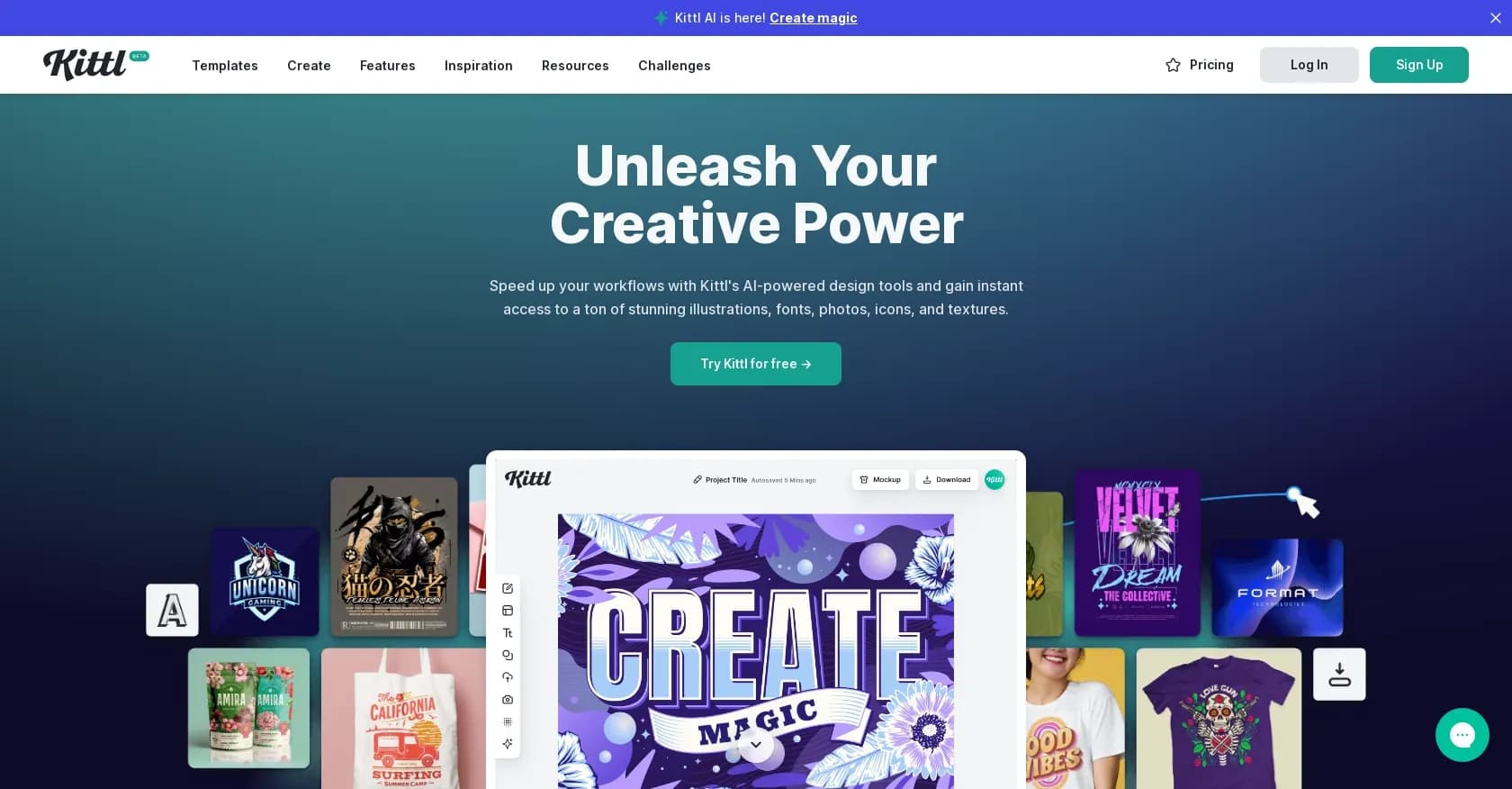 Kittl homepage screenshot — Create stunning designs effortlessly.