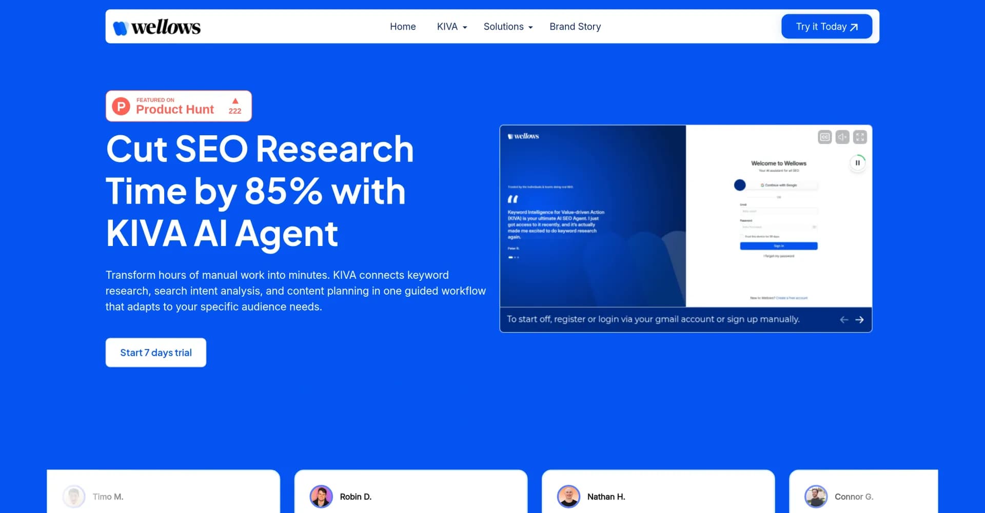 KIVA by Wellows homepage screenshot — AI SEO agent that simplifies workflows