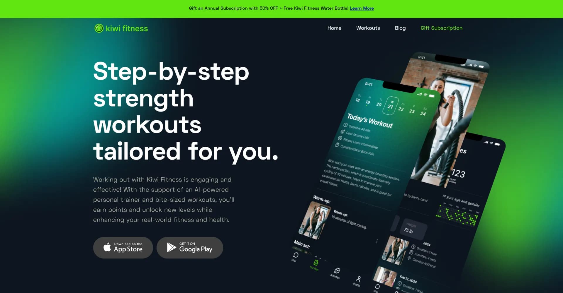 Kiwi Fitness homepage screenshot — AI-powered personal trainer for tailored strength workouts.