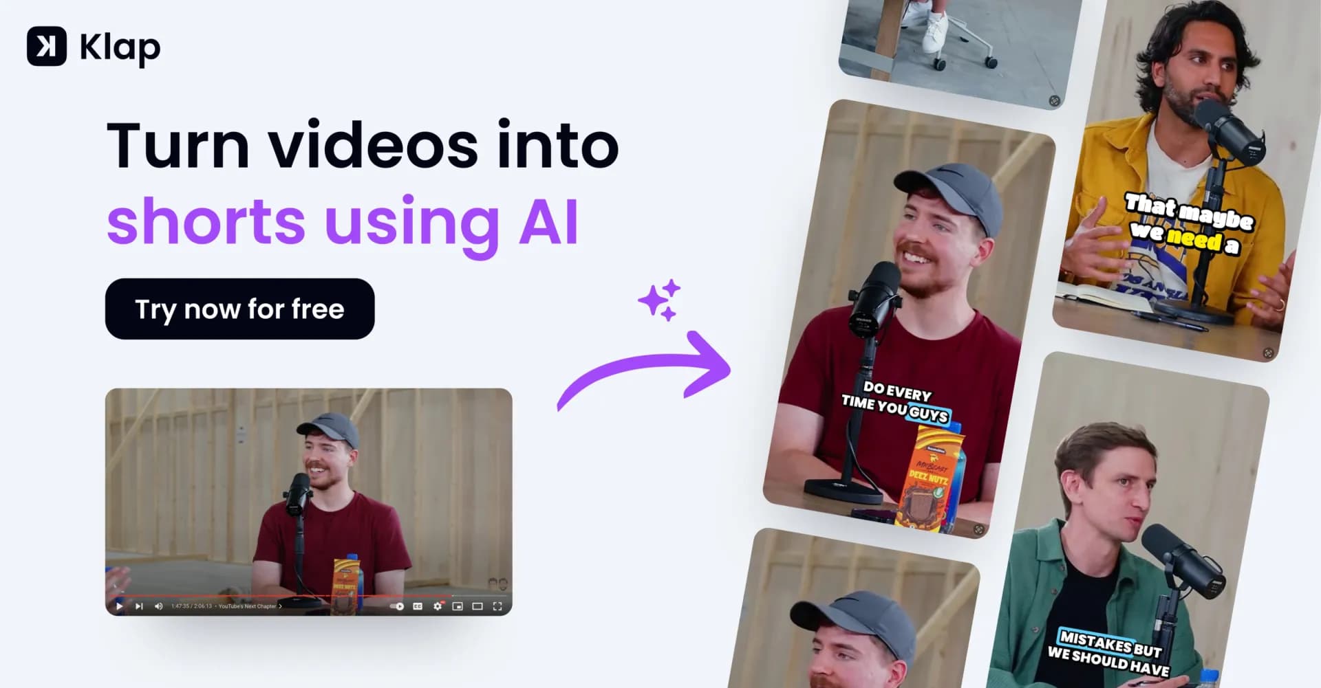 Klap homepage screenshot — Generate viral short-form videos from YouTube content in one