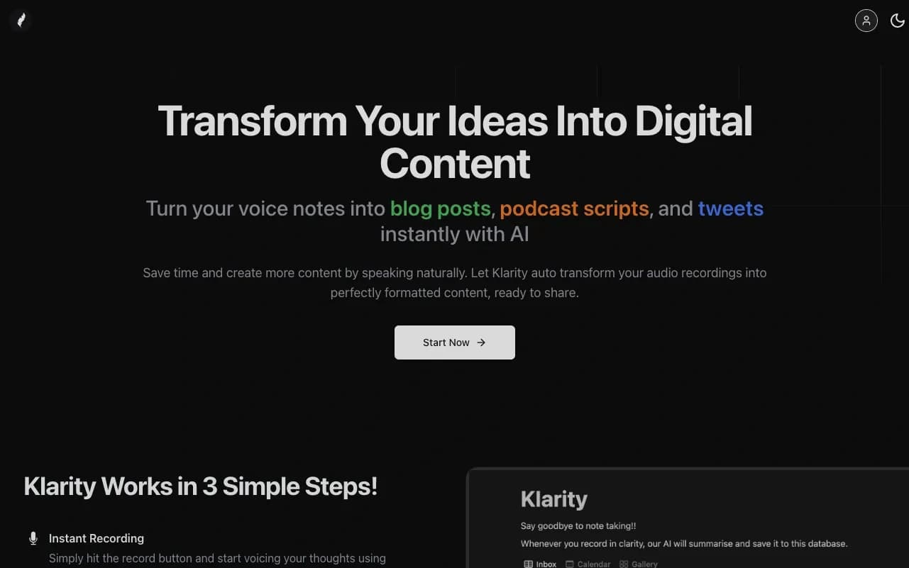 Klarity homepage screenshot — Effortless audio journaling and task integration.