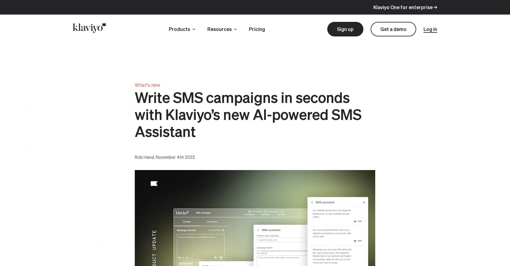 Klaviyo SMS Assistant homepage screenshot — AI-powered SMS copy that converts