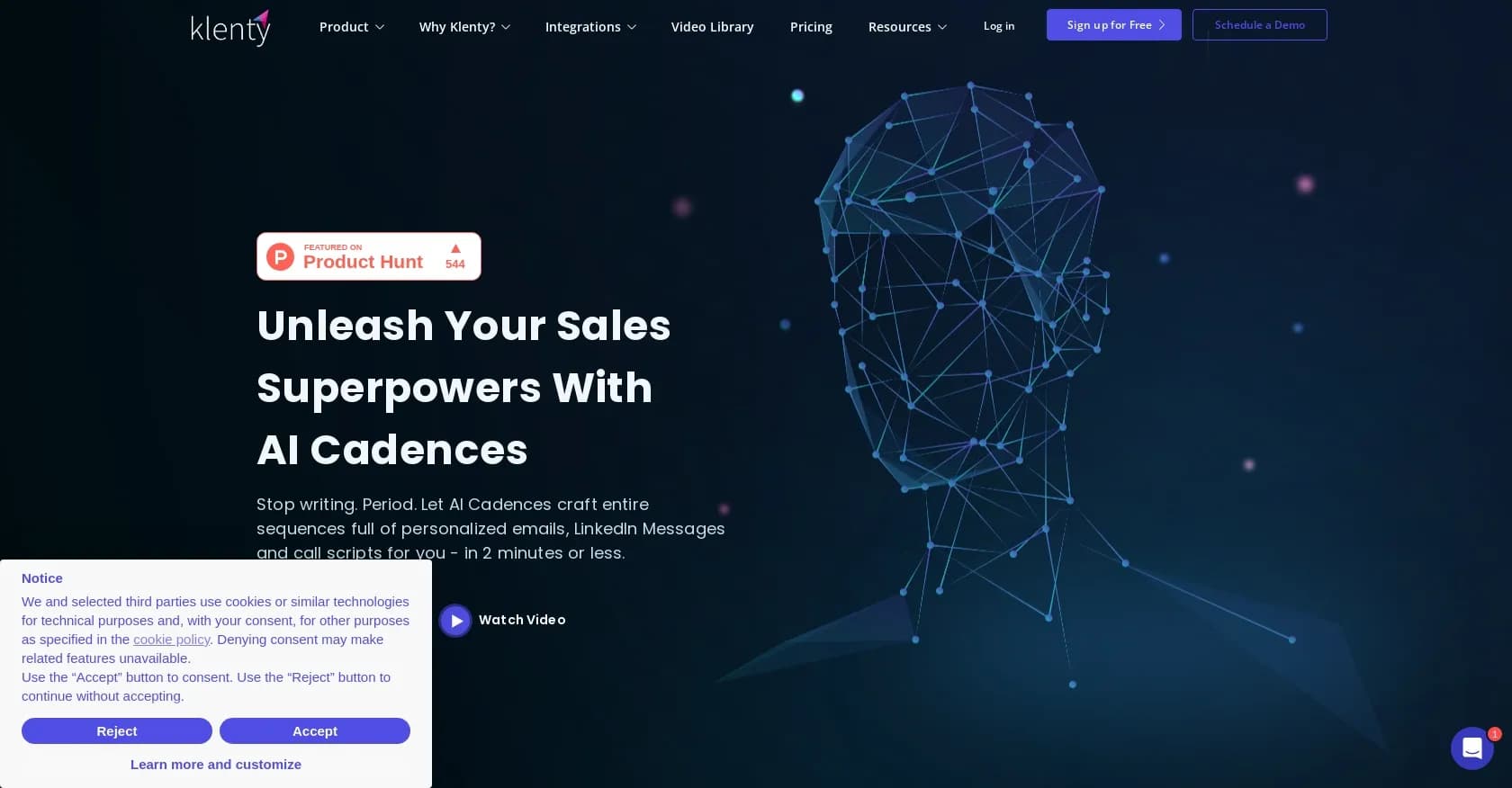 Klenty homepage screenshot — Create entire sales sequences in 2 minutes with AI