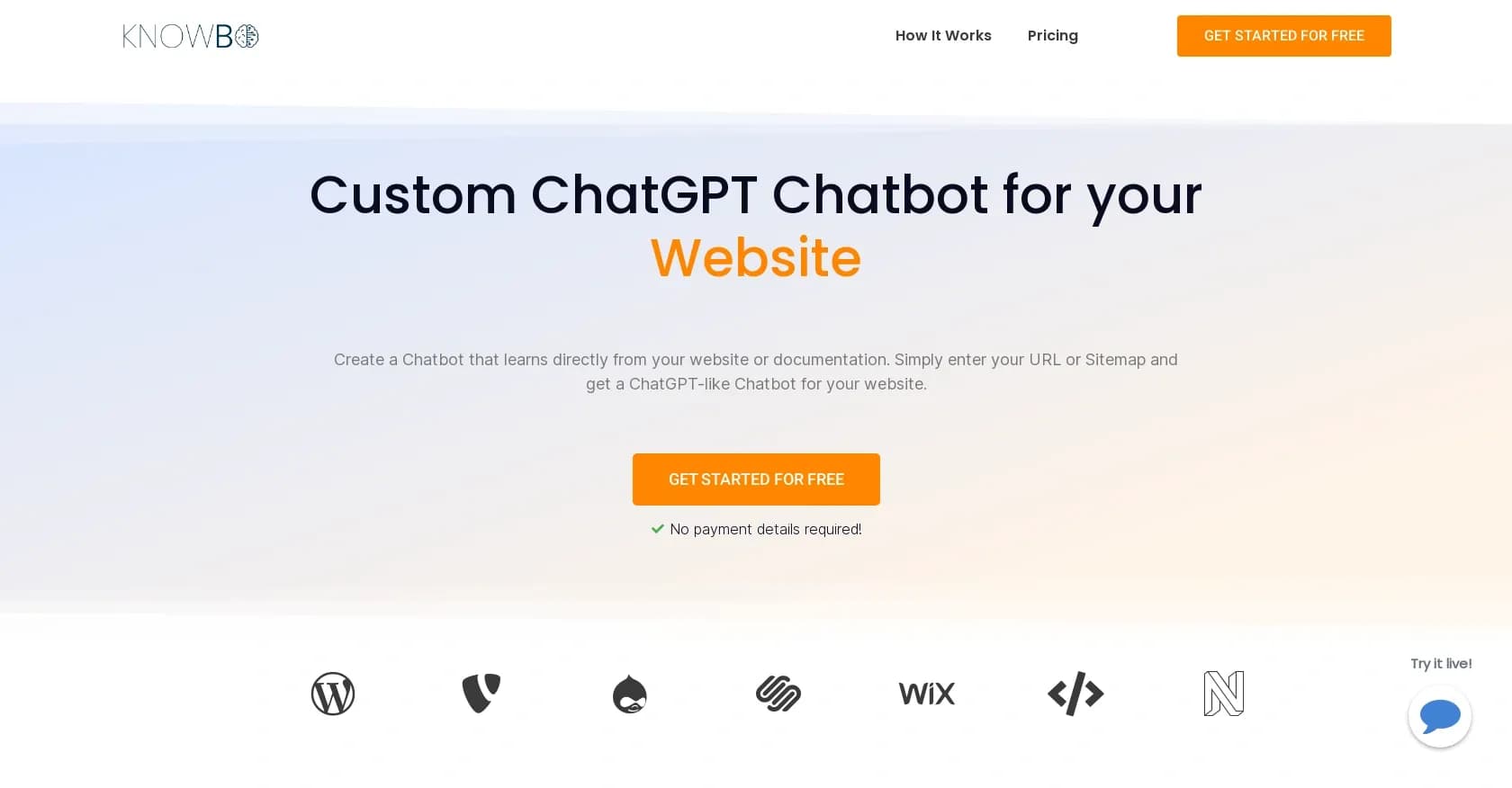 Knowbo homepage screenshot — Custom ChatGPT for your website's knowledge base