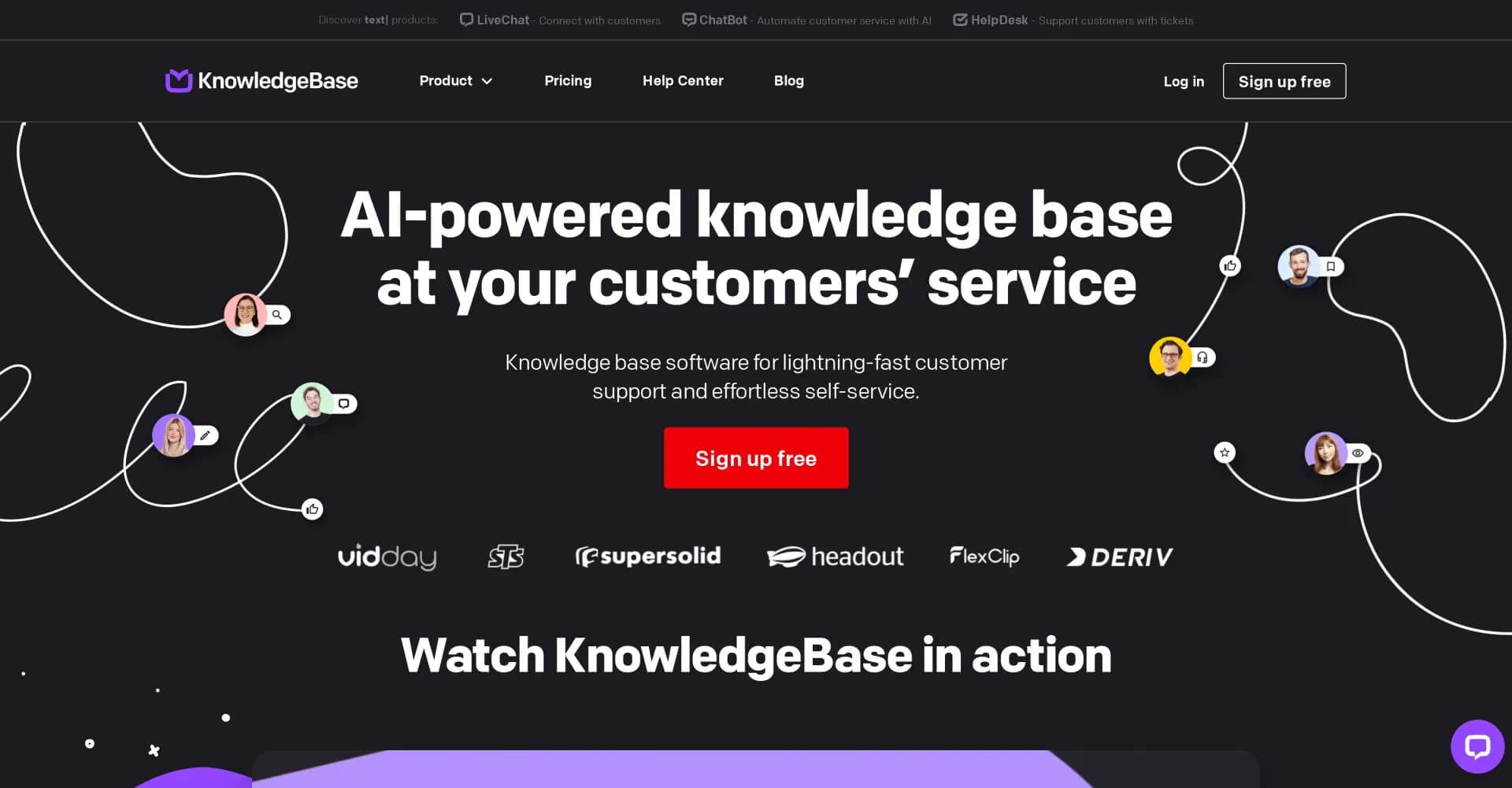 KnowledgeBase AI homepage screenshot — Lightning-fast customer support with effortless self-service