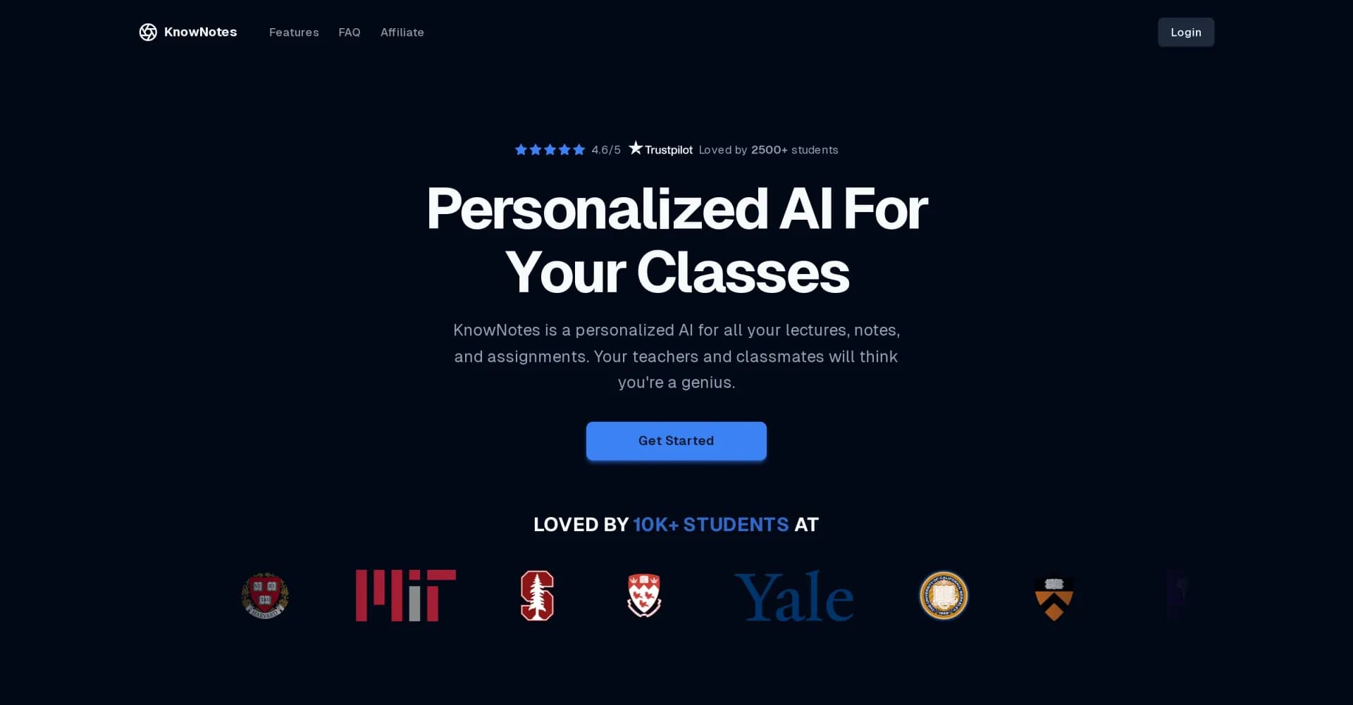 KnowNotes homepage screenshot — Personalized AI for lectures, notes, and assignments.