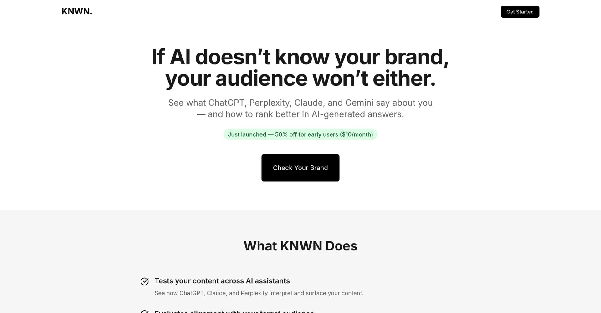 KNWN – AI Visibility & Traffic Analytics homepage screenshot — Track your content’s visibility and performance across AI pl