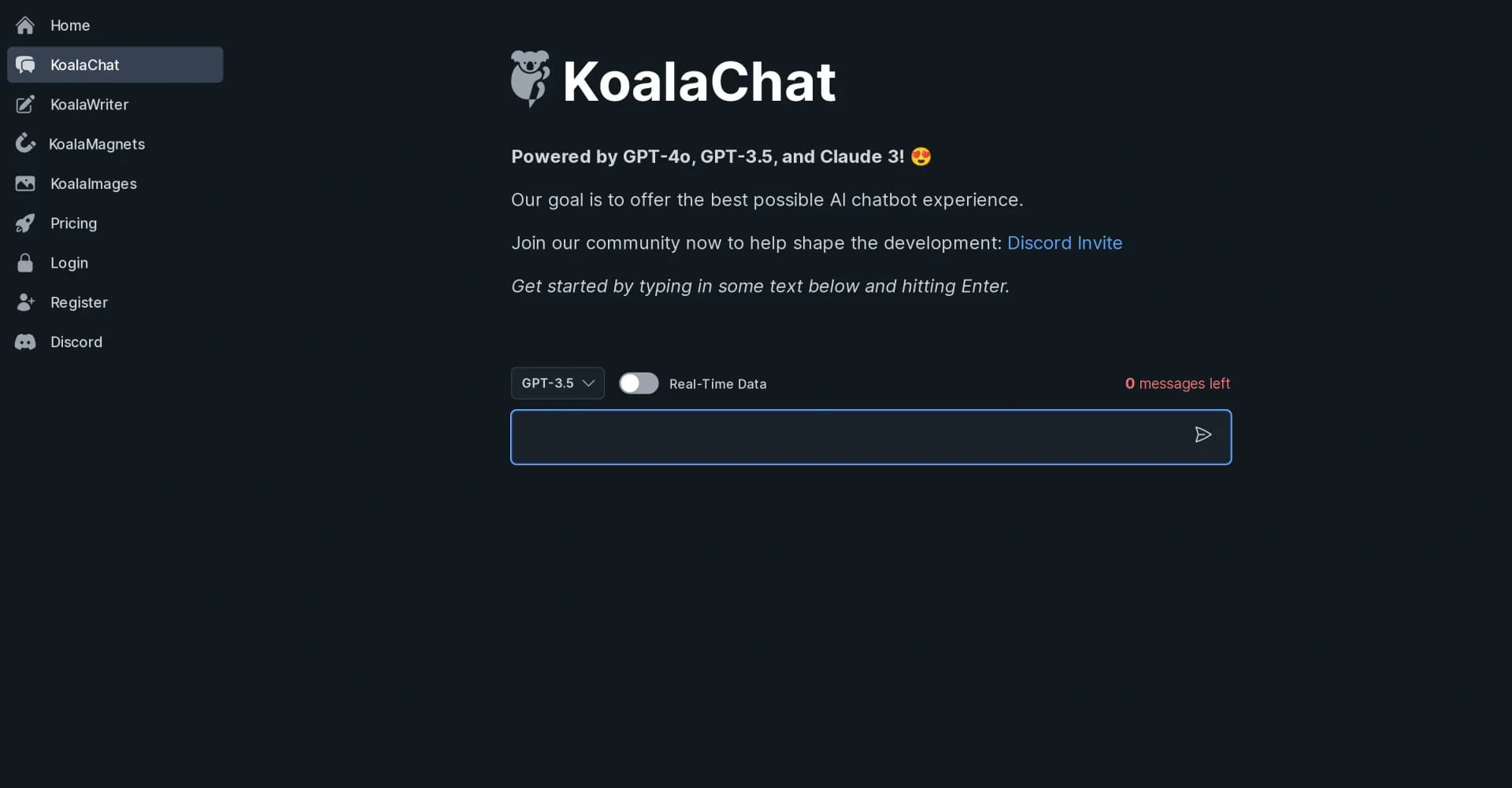 KoalaChat homepage screenshot — The best AI writer and chatbot for your needs
