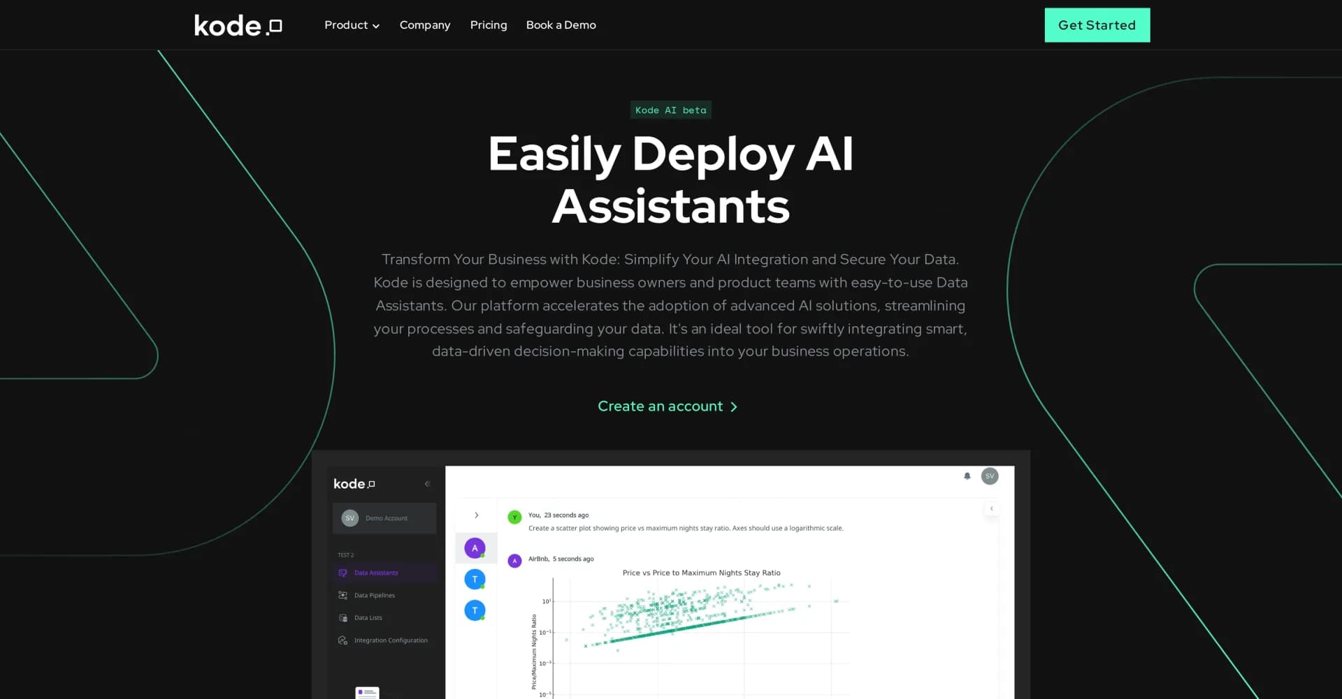 Kode AI homepage screenshot — Deploy AI Assistants with sensitive data effortlessly