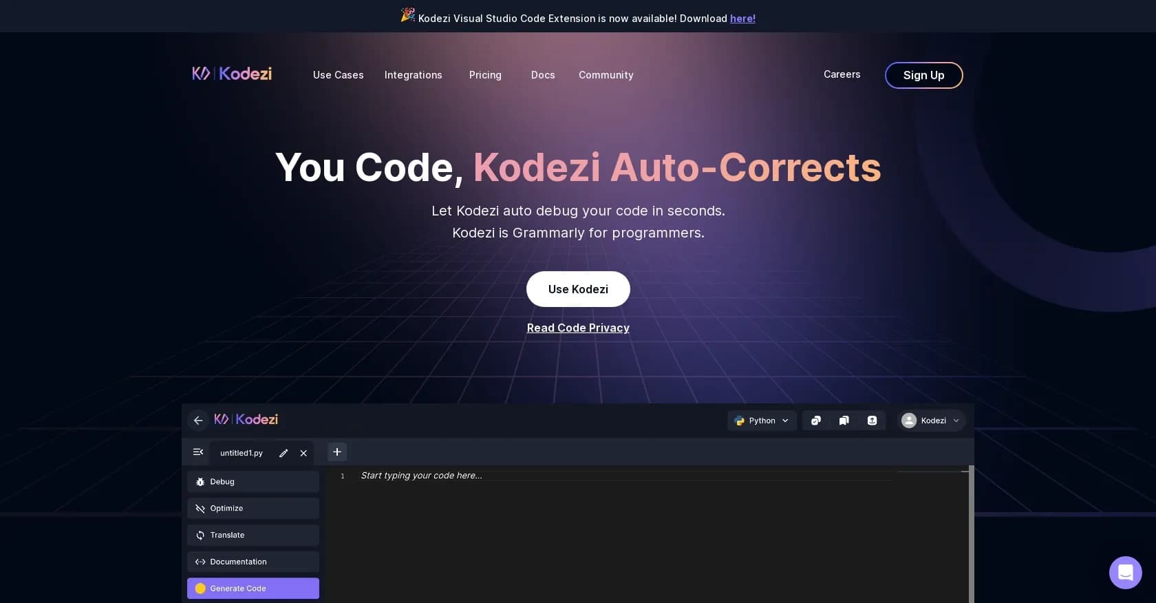 Kodezi homepage screenshot — AI auto-correction for programmers.