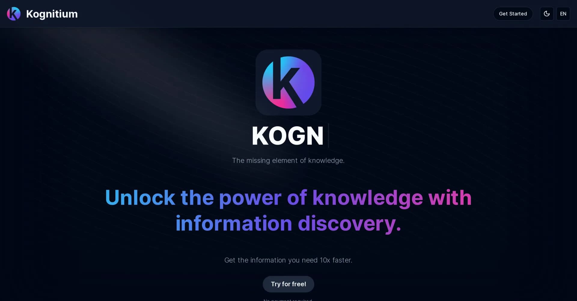 Kognitium homepage screenshot — Unlock knowledge with AI-powered information discovery.
