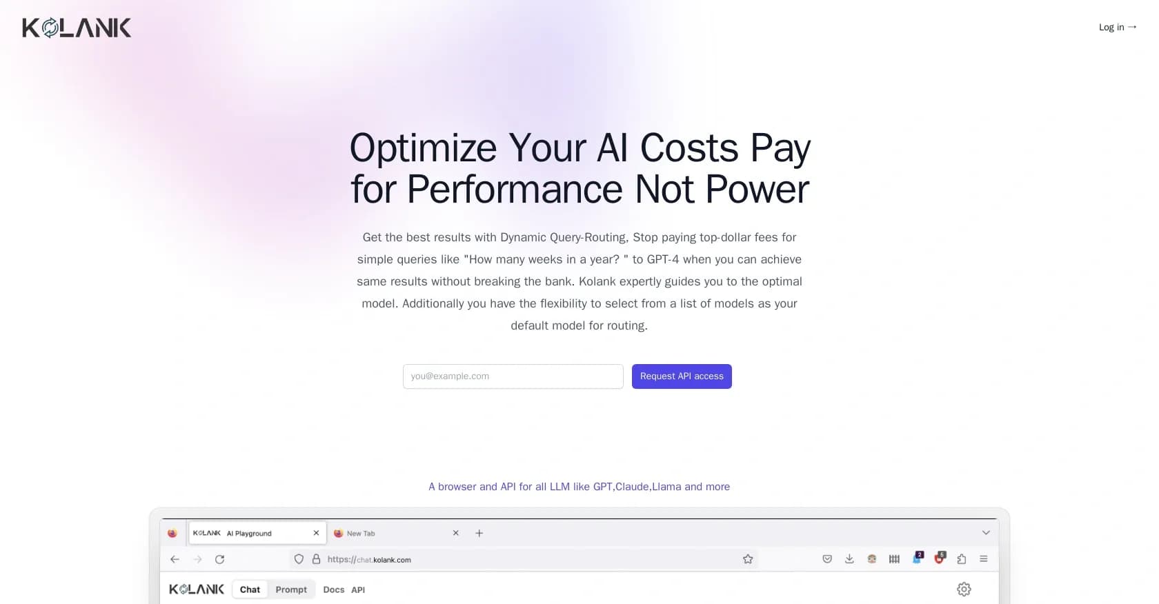 Kolank homepage screenshot — Optimize AI costs with dynamic query routing