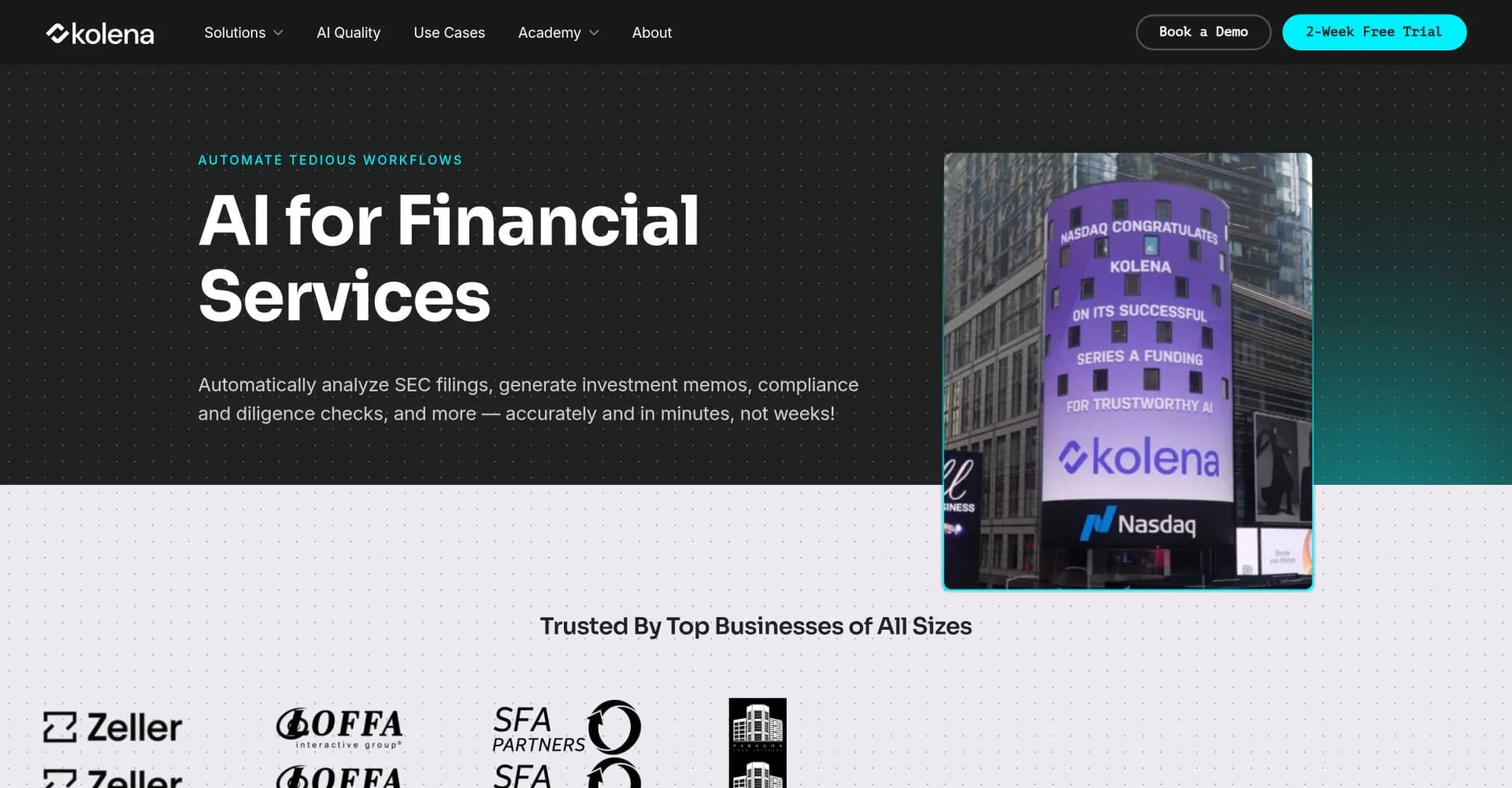 Kolena AI for Financial Services homepage screenshot — Unlock faster financial workflows with AI automation