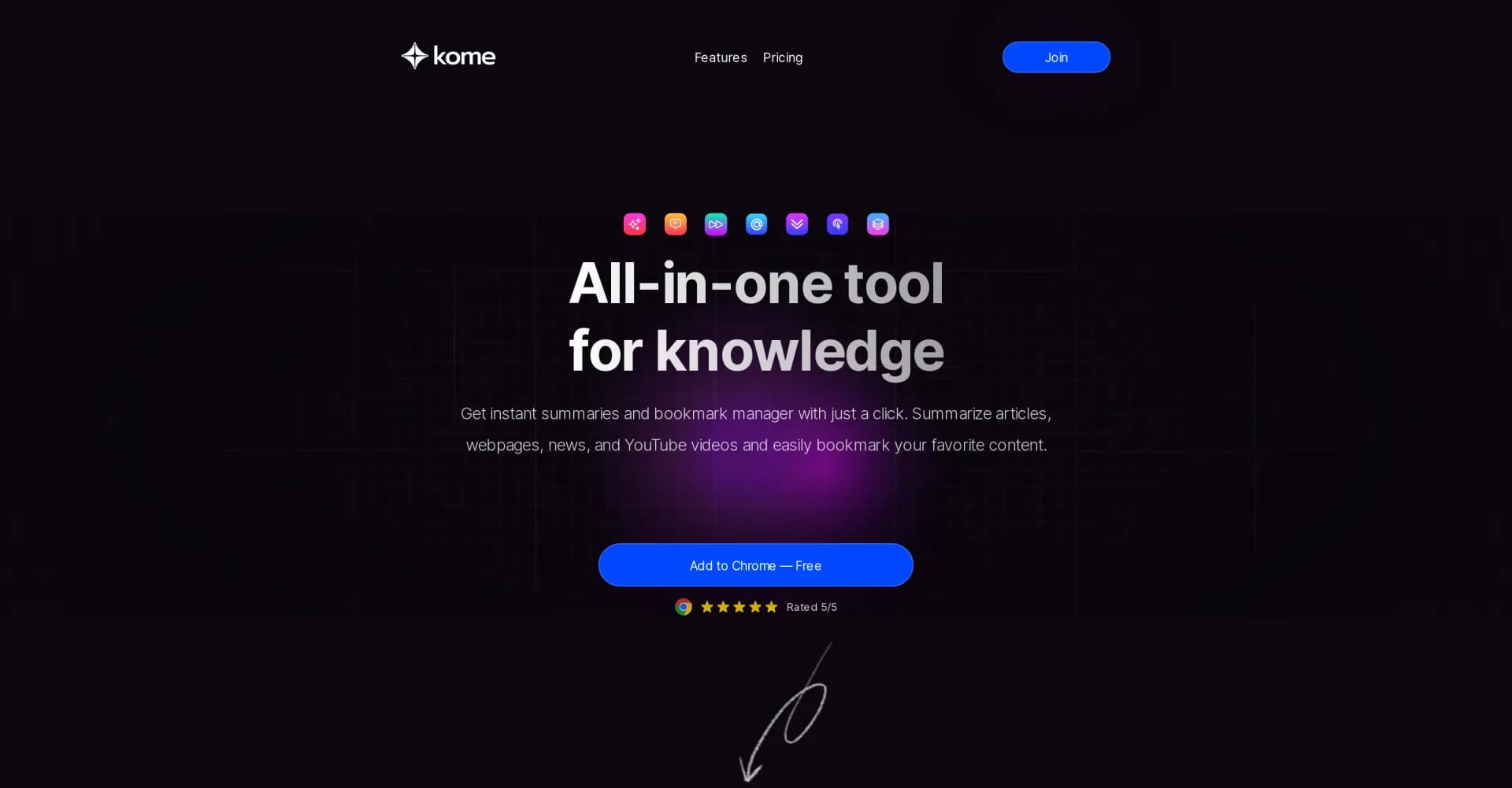 Kome AI homepage screenshot — Instant AI summaries and bookmarks in your browser.