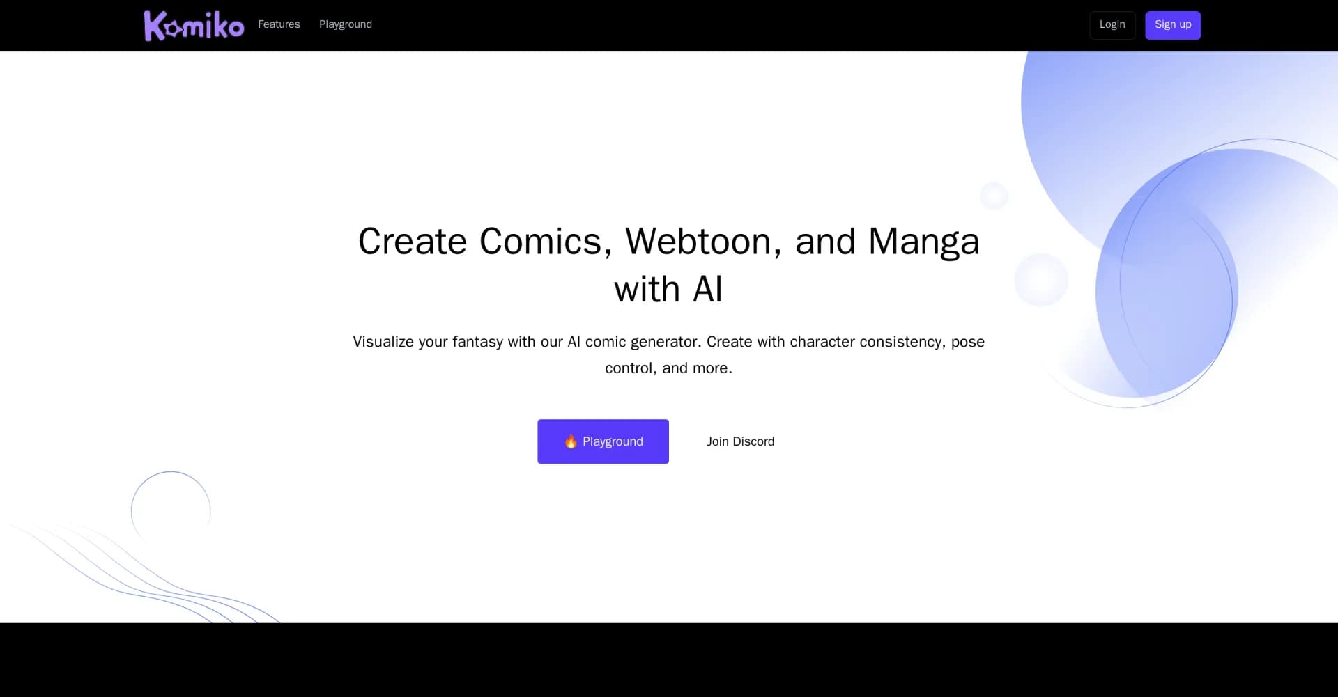 Komiko App homepage screenshot — Create comics, webtoons, & roleplay games with AI character