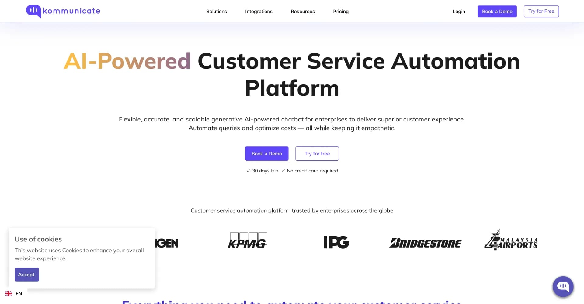 Kommunicate homepage screenshot — AI-powered customer service automation platform