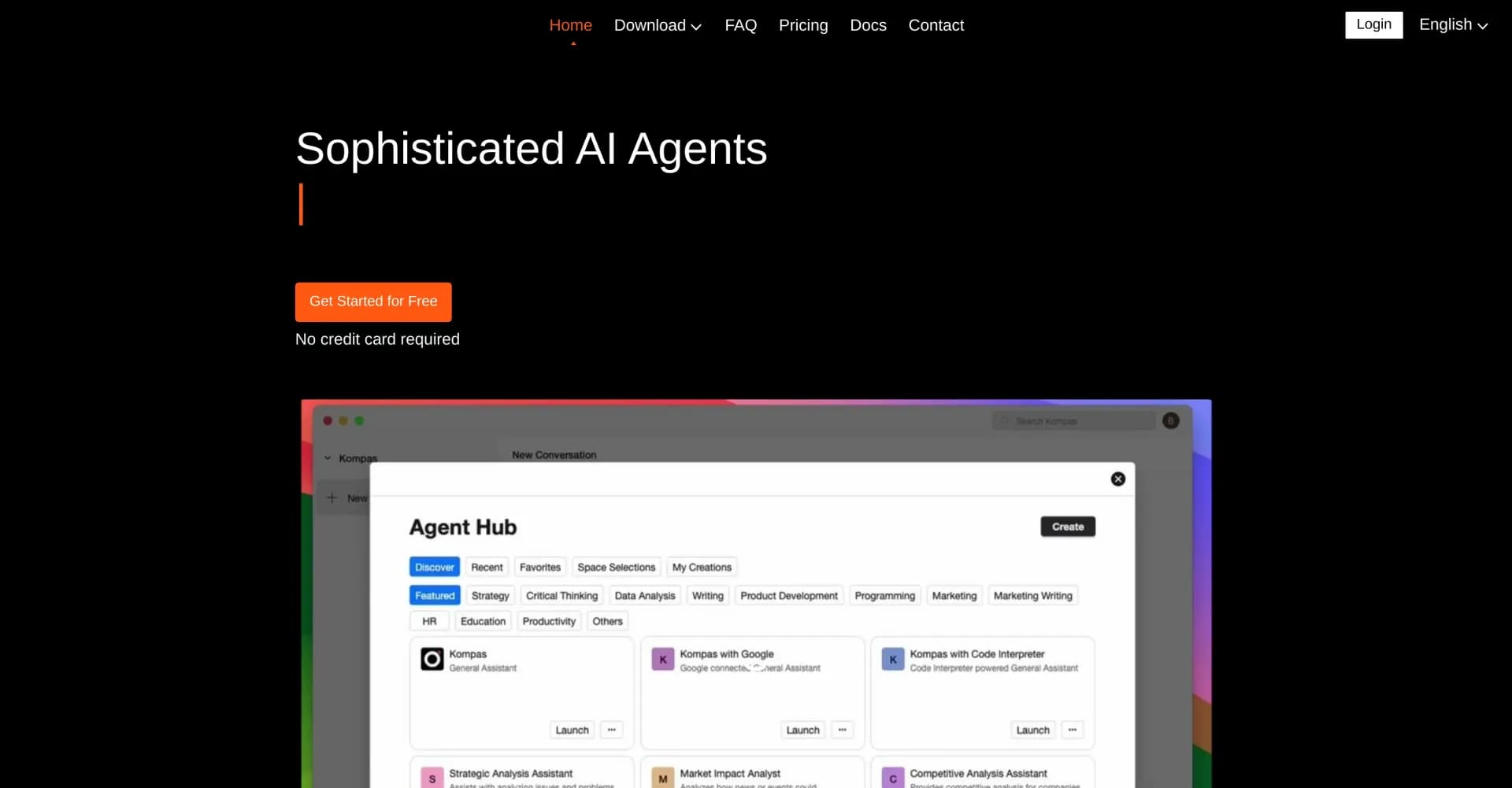 Kompas AI homepage screenshot — Sophisticated AI agents for complex tasks