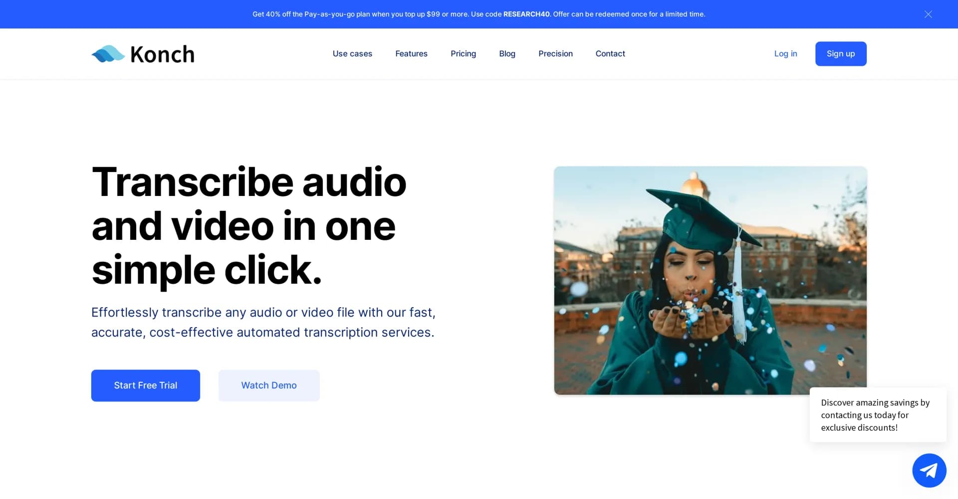 Konch homepage screenshot — One-click transcription for audio and video.