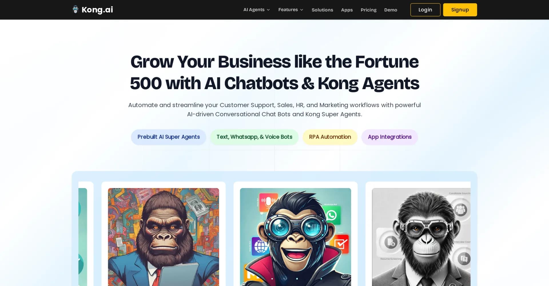 Kong.ai homepage screenshot — Grow your business with AI chatbots and agents.