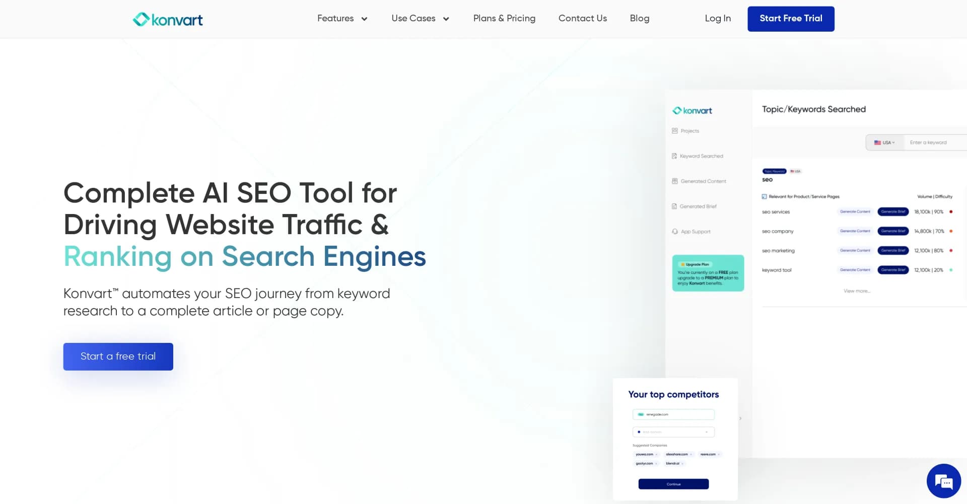 Konvart homepage screenshot — Automate your SEO from keyword research to content creation.
