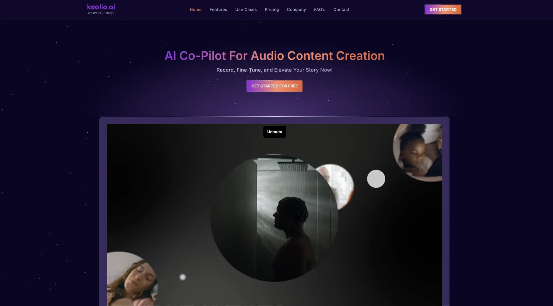 Koolio homepage screenshot — Turn concepts into polished podcasts in minutes.