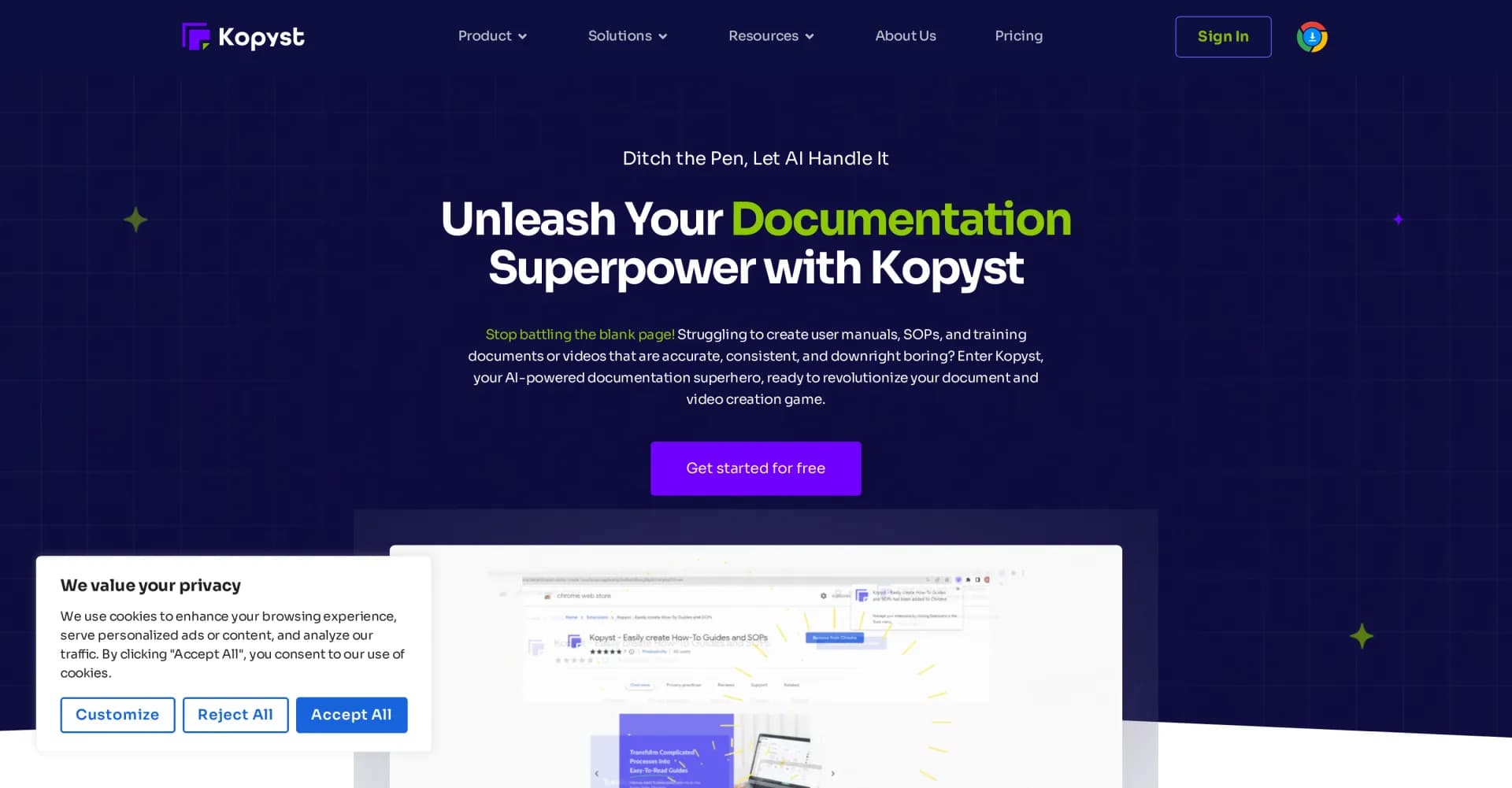 Kopyst homepage screenshot — Transform complex workflows into engaging videos and documen