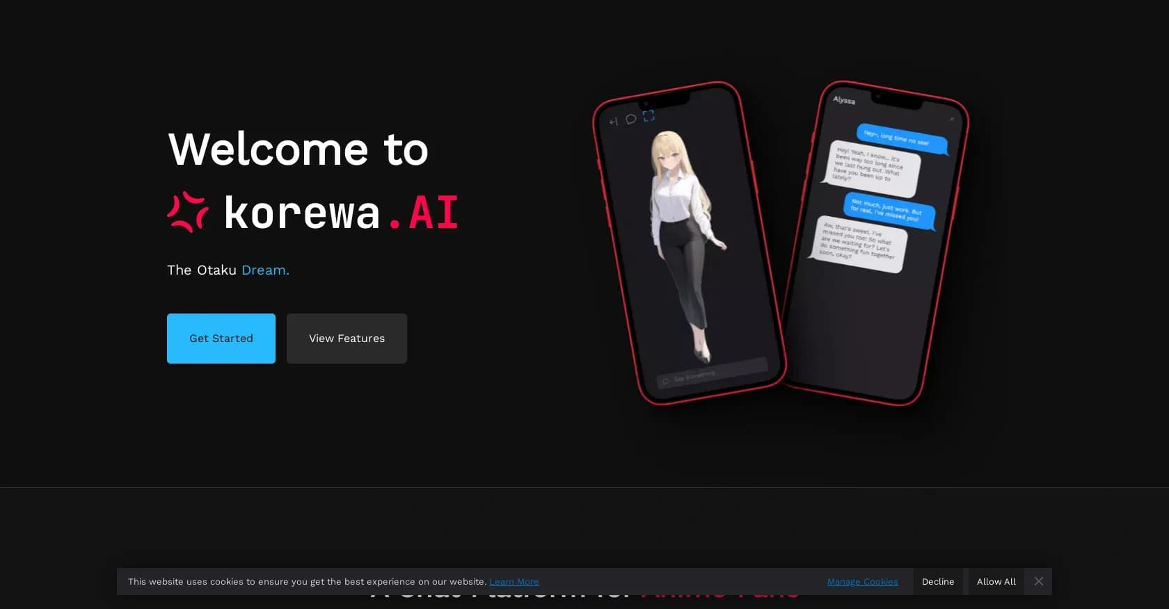 Korewa homepage screenshot — Create and chat with realistic AI anime characters