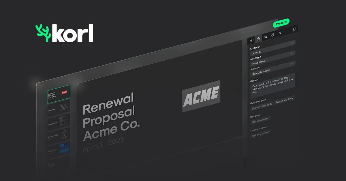 Korl homepage screenshot — AI presentations. From your data. For each customer.