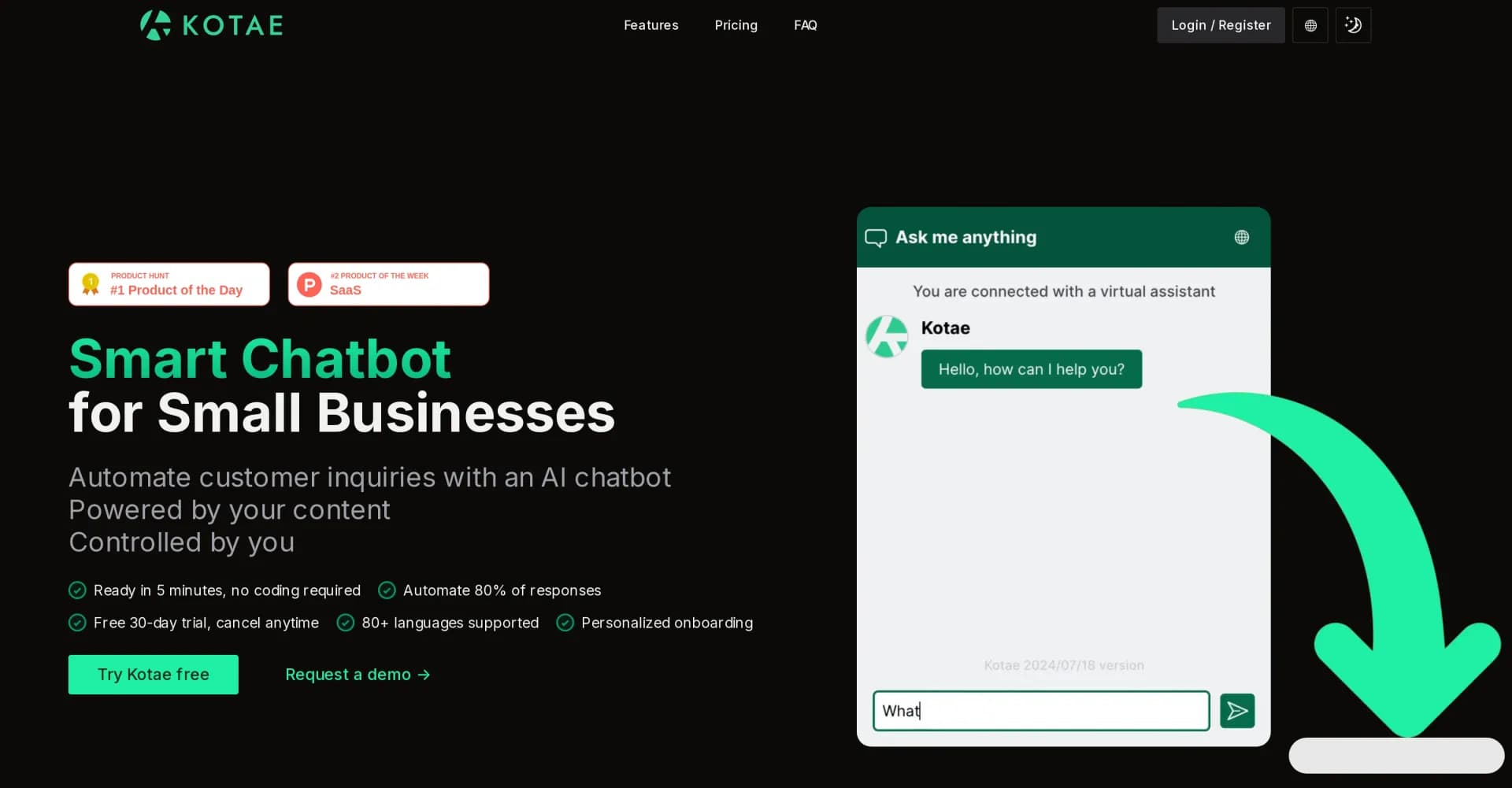 Kotae homepage screenshot — Automate customer inquiries with an AI chatbot
