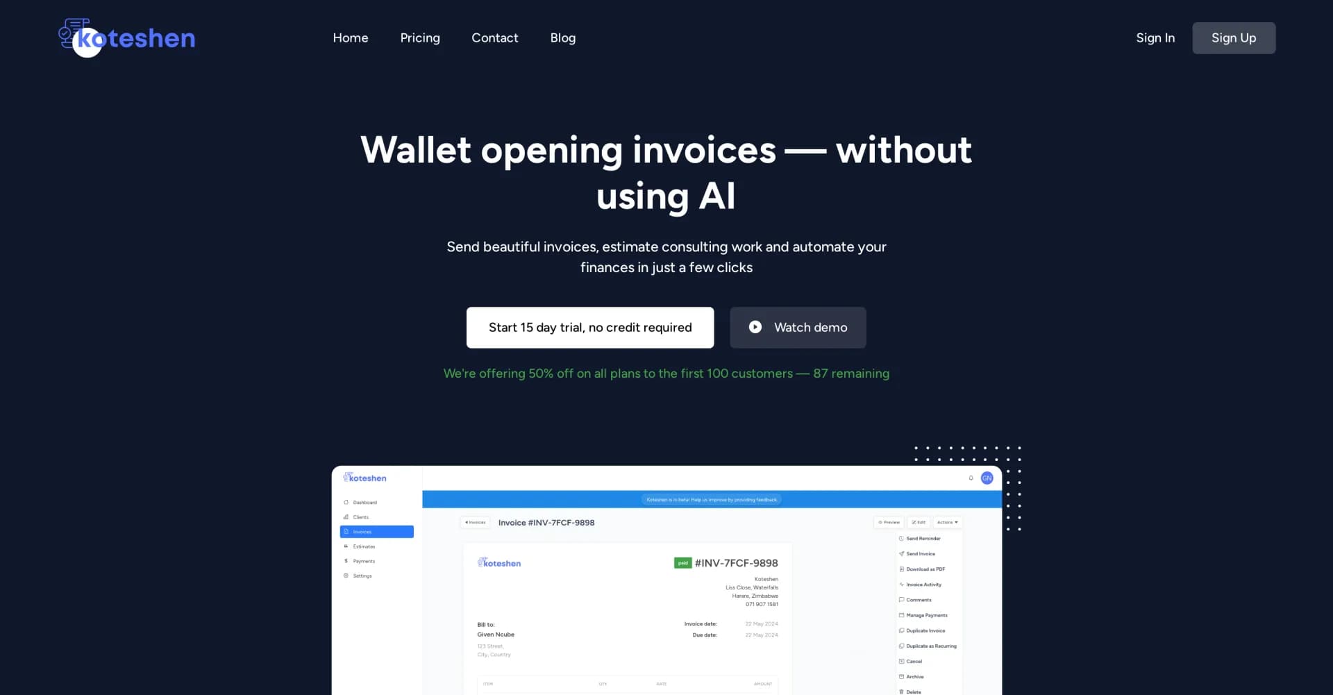 Koteshen homepage screenshot — Automate invoicing and billing for faster payments.