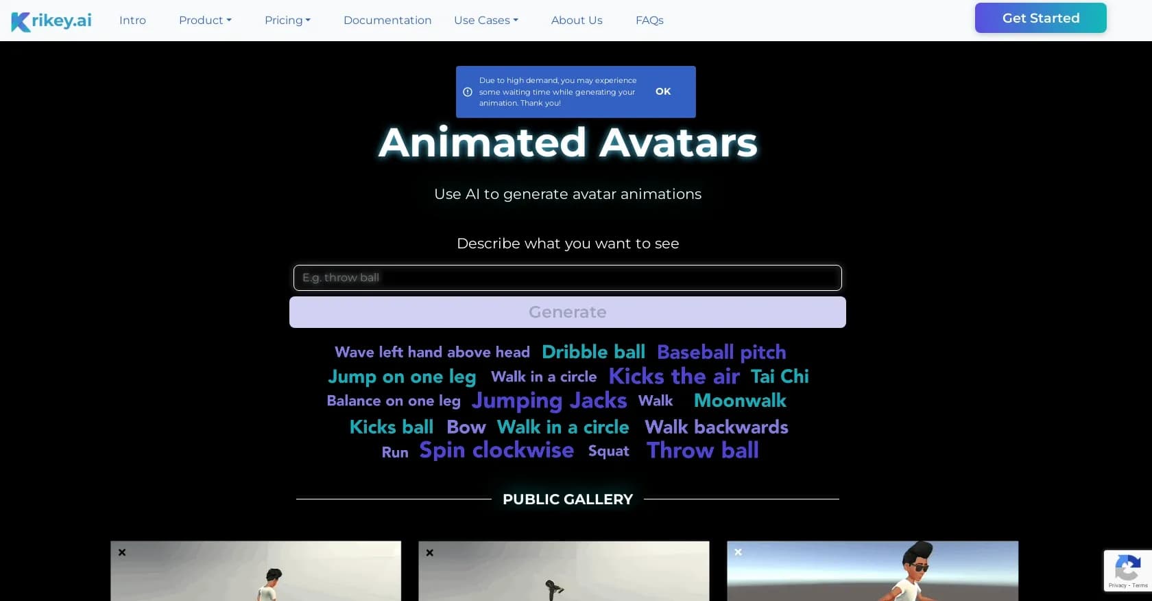 Krikey AI homepage screenshot — Created animated characters for developers.