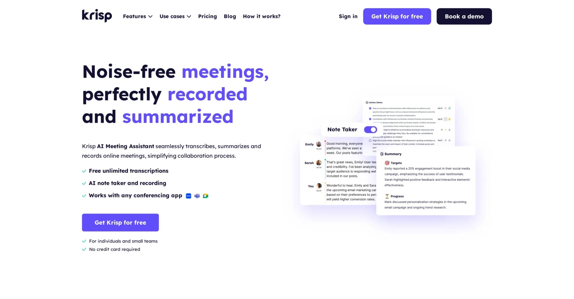 Krisp AI Meeting Assistant homepage screenshot — AI assistant records, transcribes, and summarizes meetings a