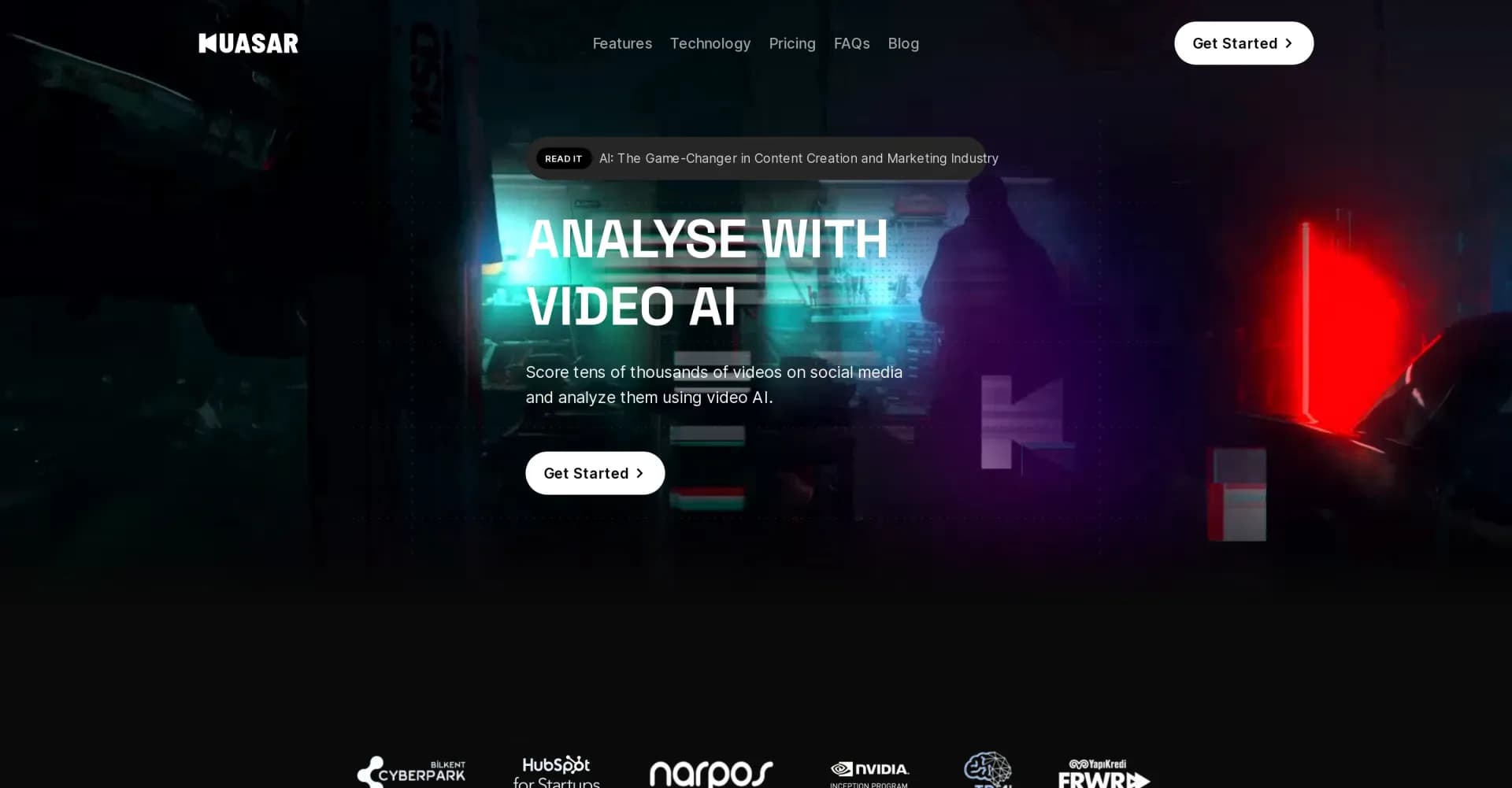 Kuasar Video homepage screenshot — AI-powered video solutions for 1000% audience growth