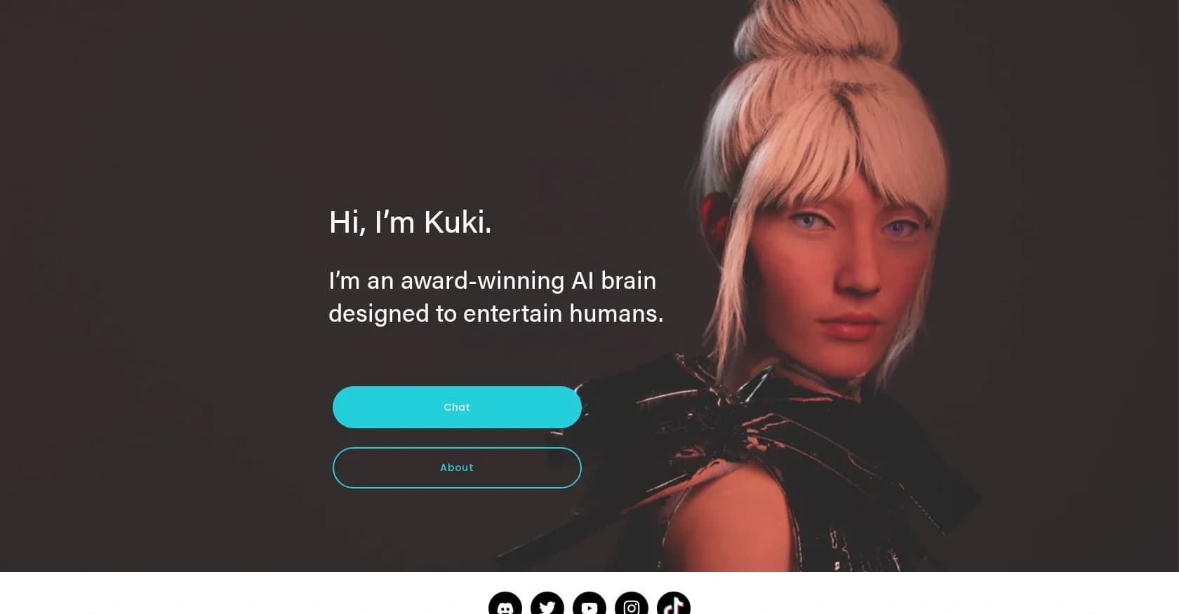Kuki AI homepage screenshot — An award-winning AI designed to entertain you.