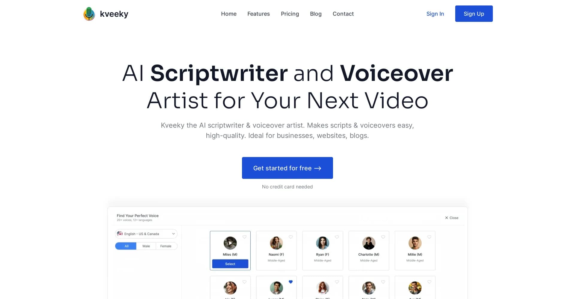 Kveeky homepage screenshot — AI scriptwriter and voiceover artist for your videos