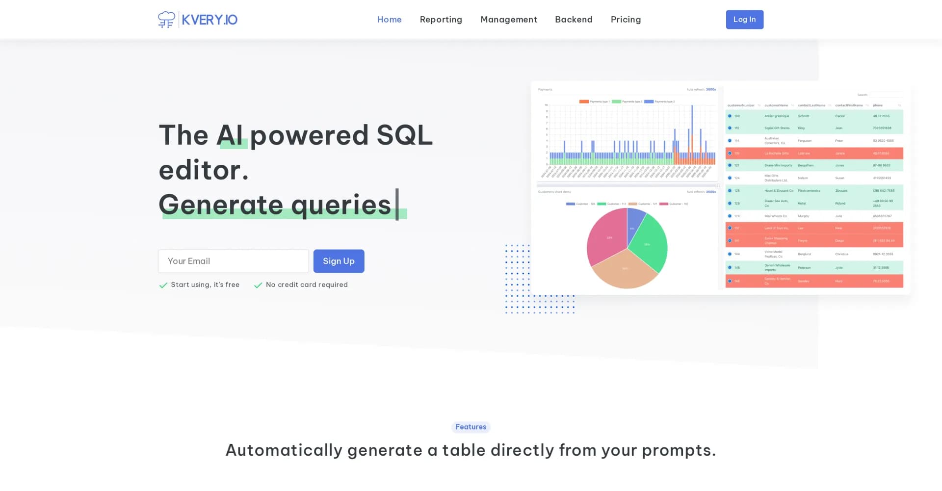 Kvery homepage screenshot — Streamline SQL queries with a cutting-edge editor.