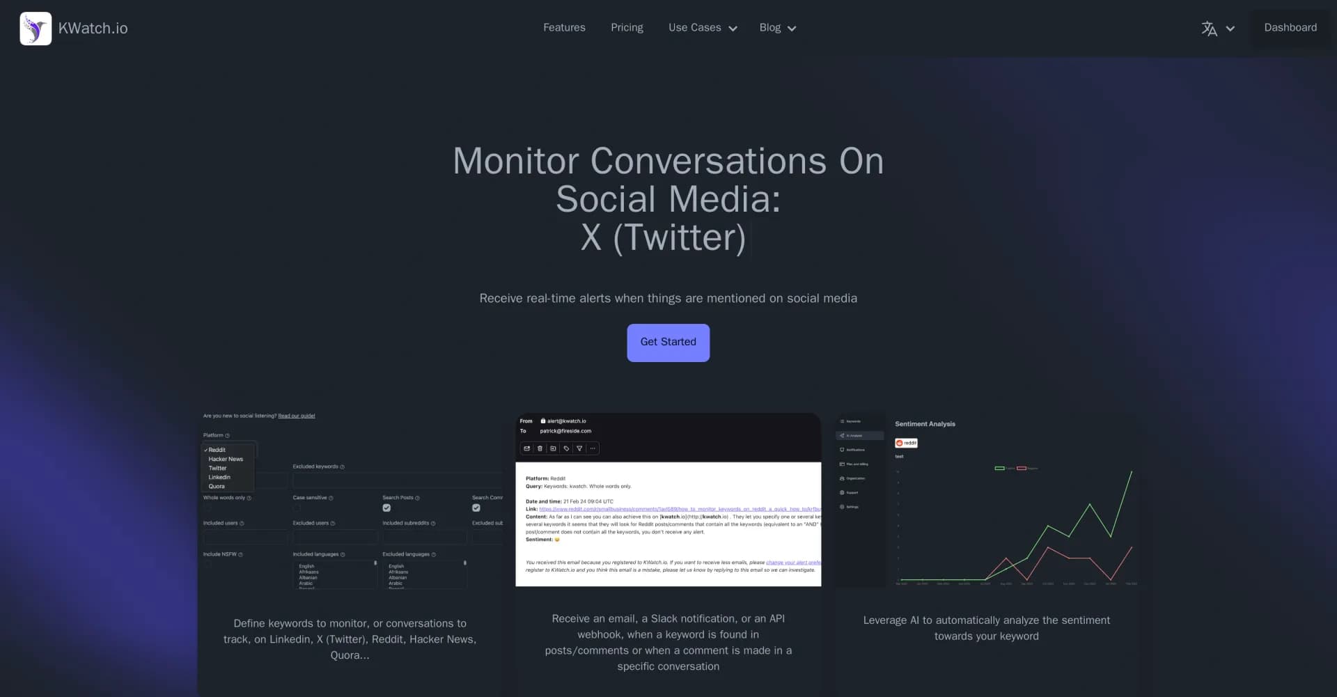 KWatch homepage screenshot — Instant social media monitoring across platforms.