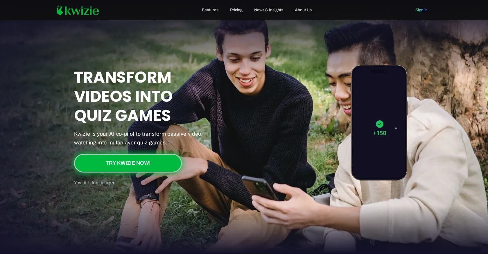 Kwizie homepage screenshot — Transform videos into multiplayer quiz games.