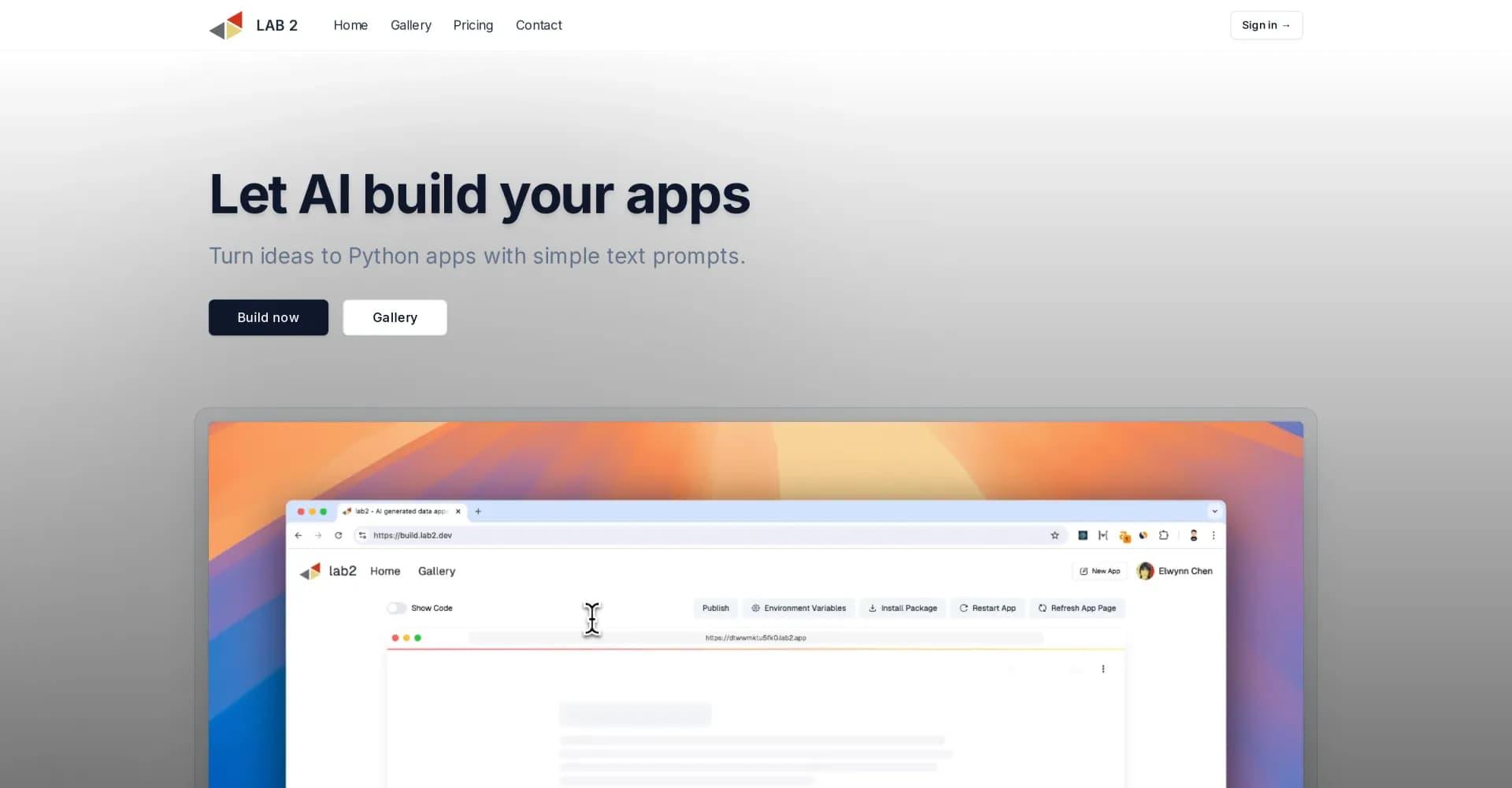 Lab2.dev homepage screenshot — Turn ideas into Python apps with simple text prompts.