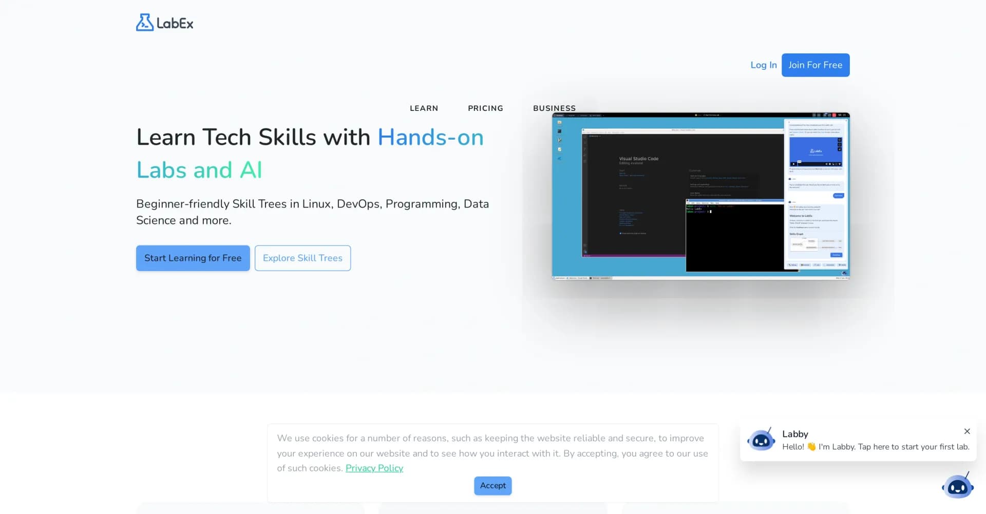 LabEx homepage screenshot — Learn tech skills with AI-powered hands-on labs
