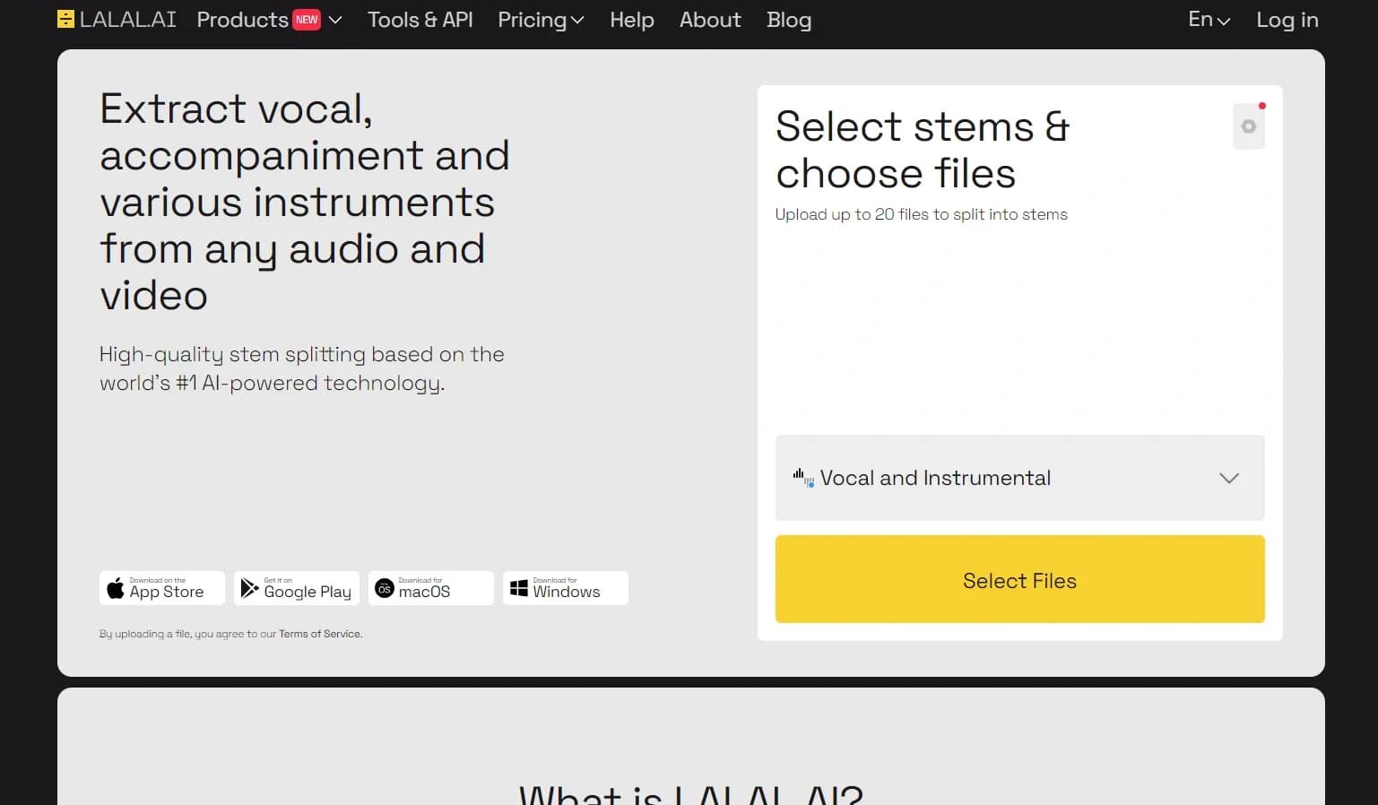 LALAL homepage screenshot — Split vocal and instrumental tracks instantly with AI.