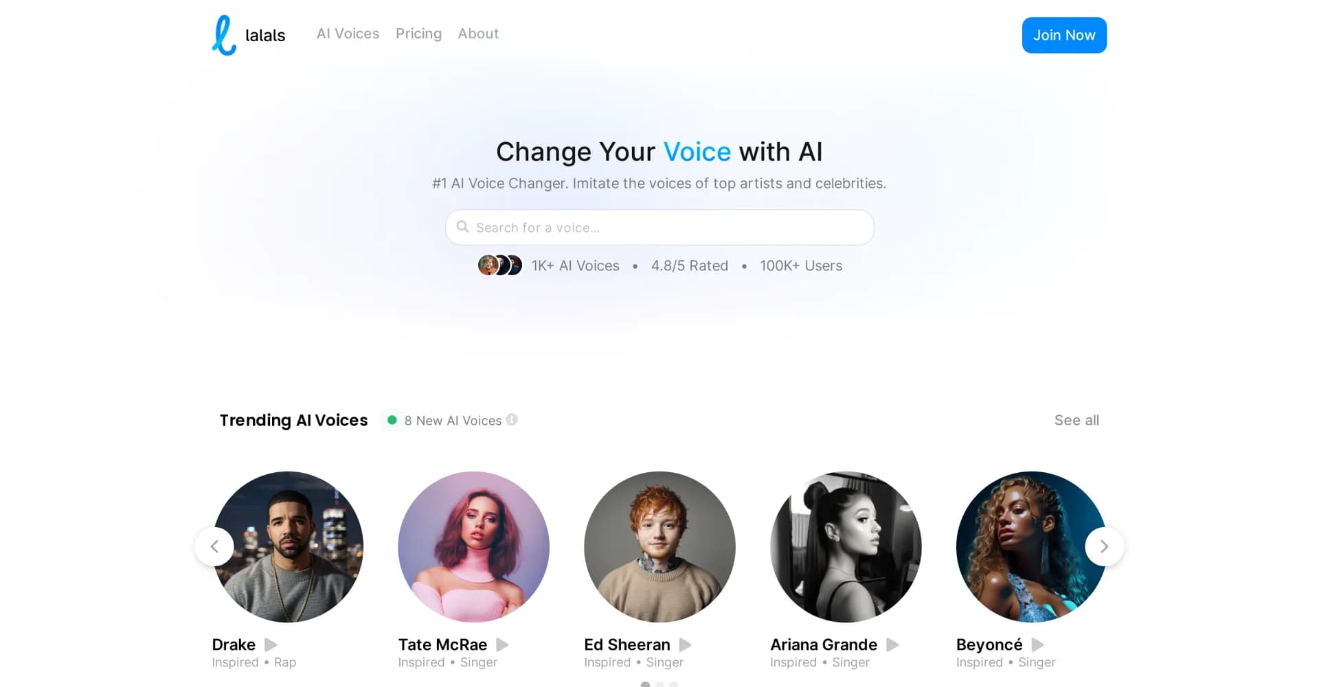 Lalals homepage screenshot — Transform your voice into celebrity voices with AI.
