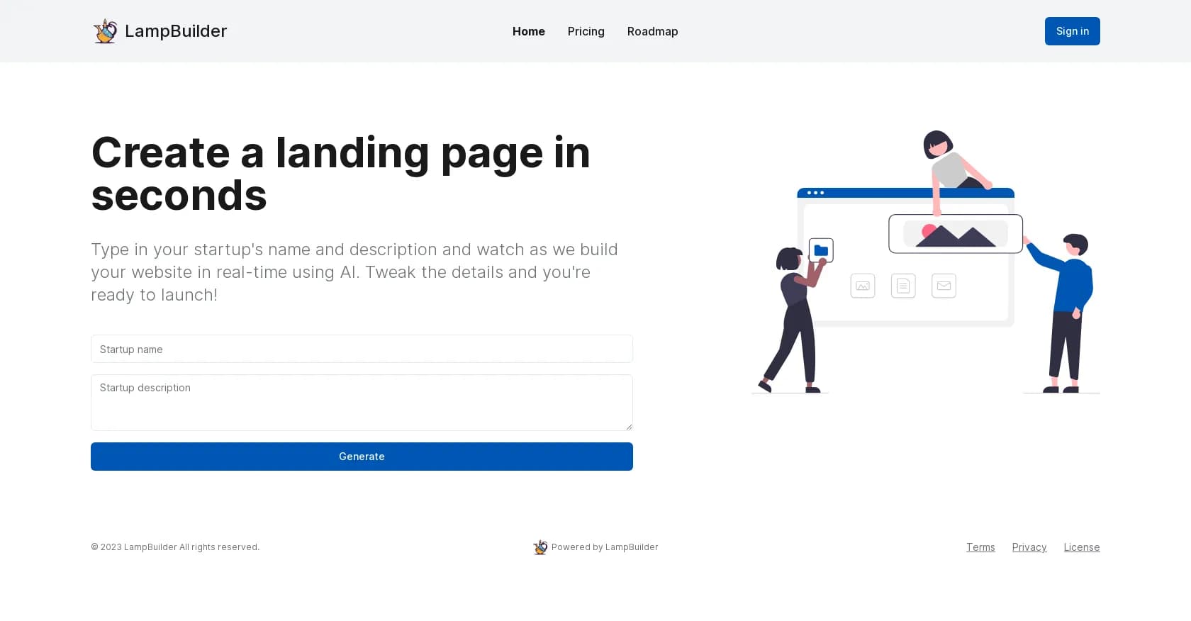 LampBuilder homepage screenshot — Create stunning landing pages instantly with AI