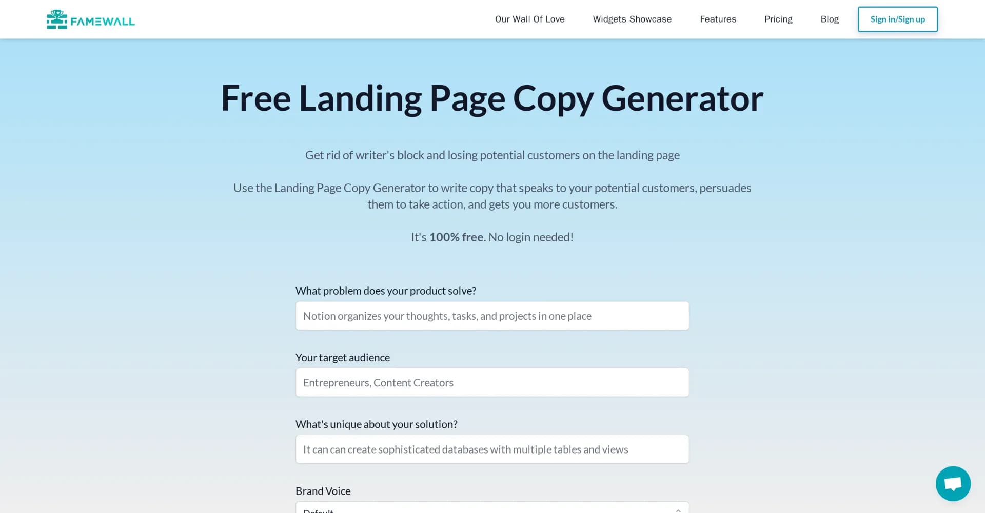 Landing Page Copy homepage screenshot — Generate converting landing page copy instantly