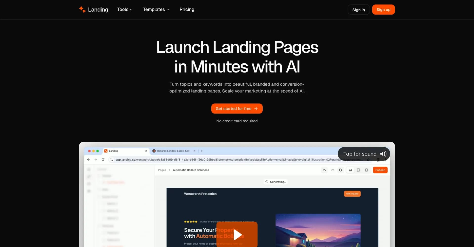Landing.so homepage screenshot — Launch landing pages in minutes with AI