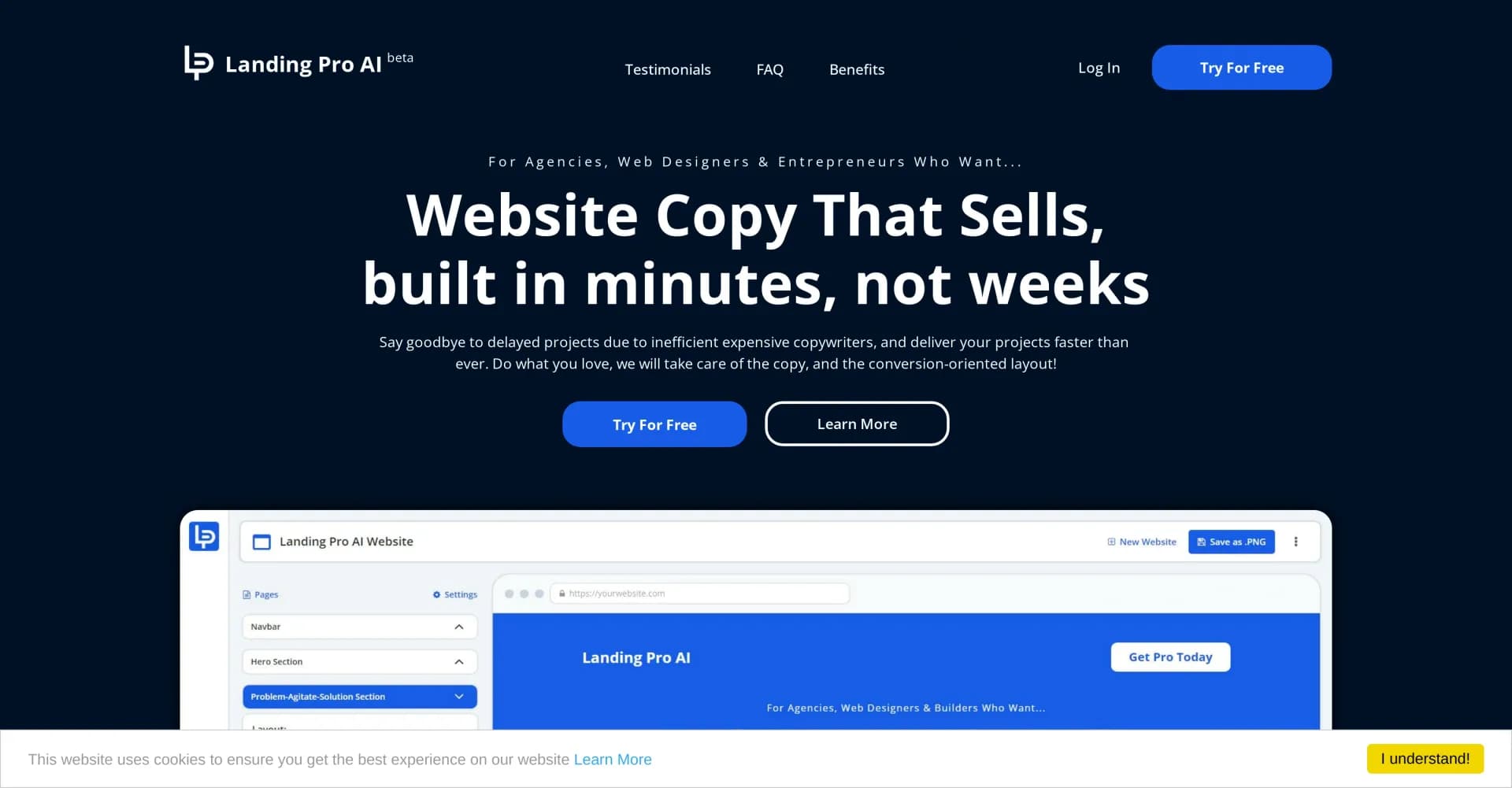LandingPro AI homepage screenshot — Generate website copy that sells in seconds.