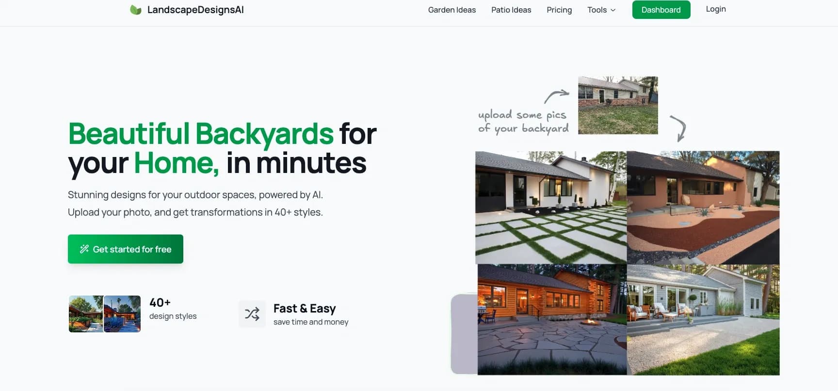 LandscapeDesignsAI homepage screenshot — AI-powered landscape and garden design generator