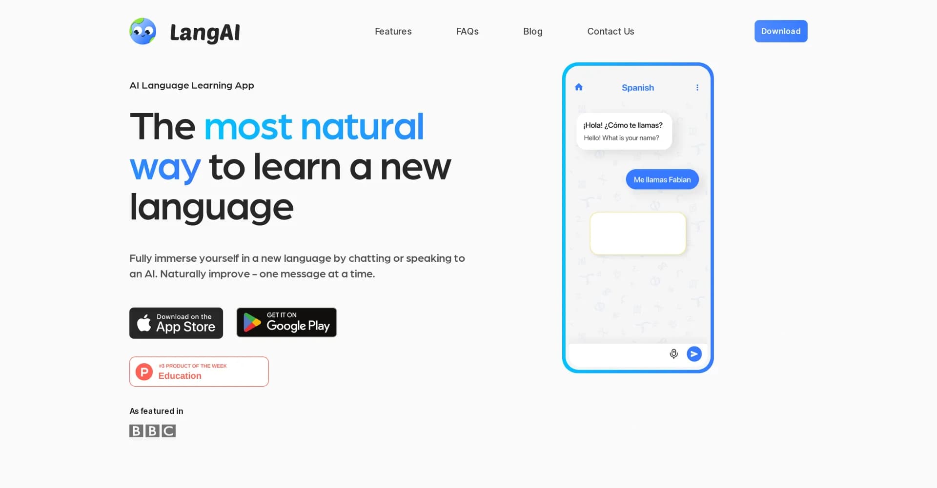 LangAI homepage screenshot — Chat with AI to learn languages naturally