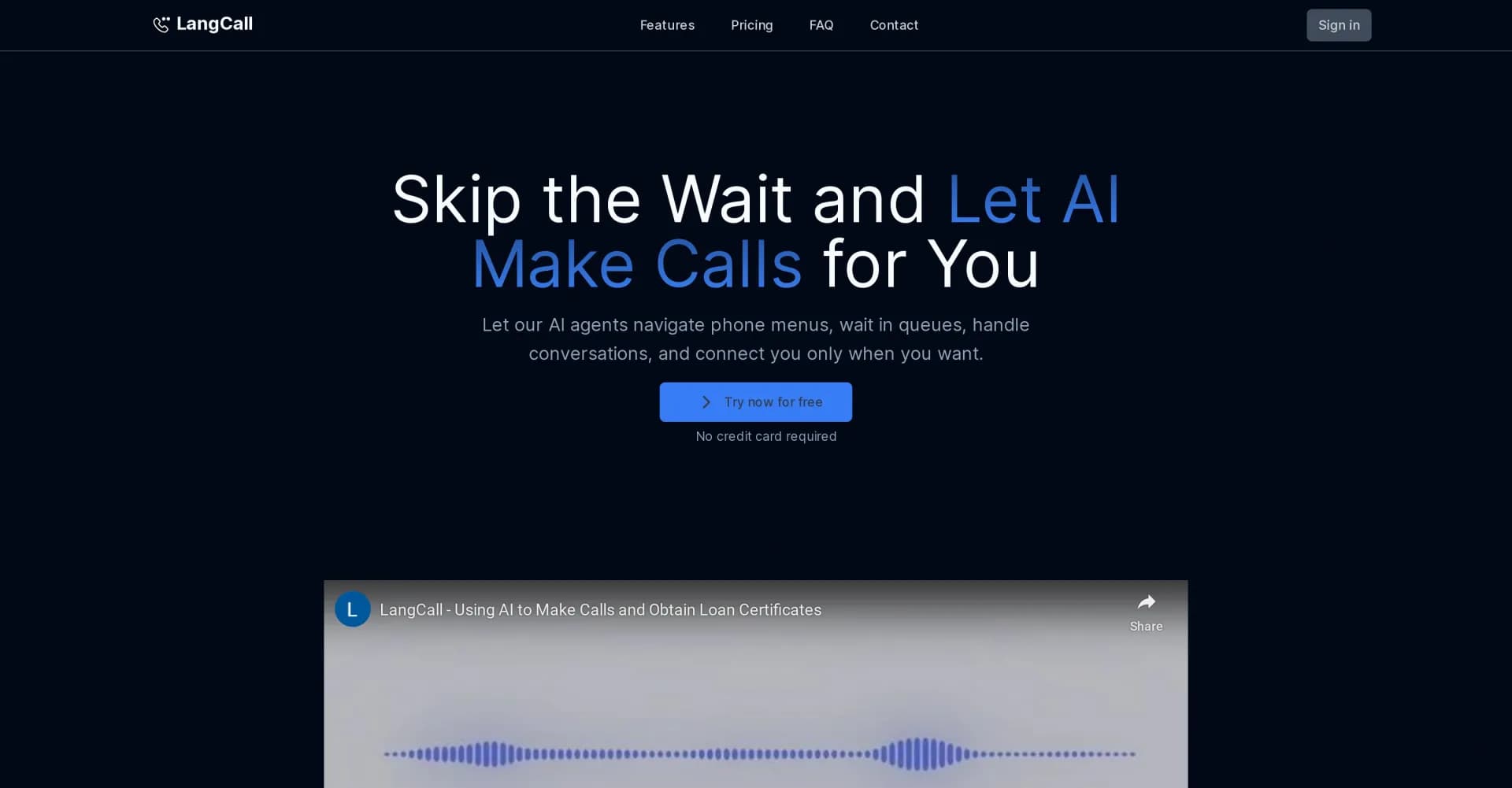 LangCall homepage screenshot — Let AI handle your calls, skip the wait.